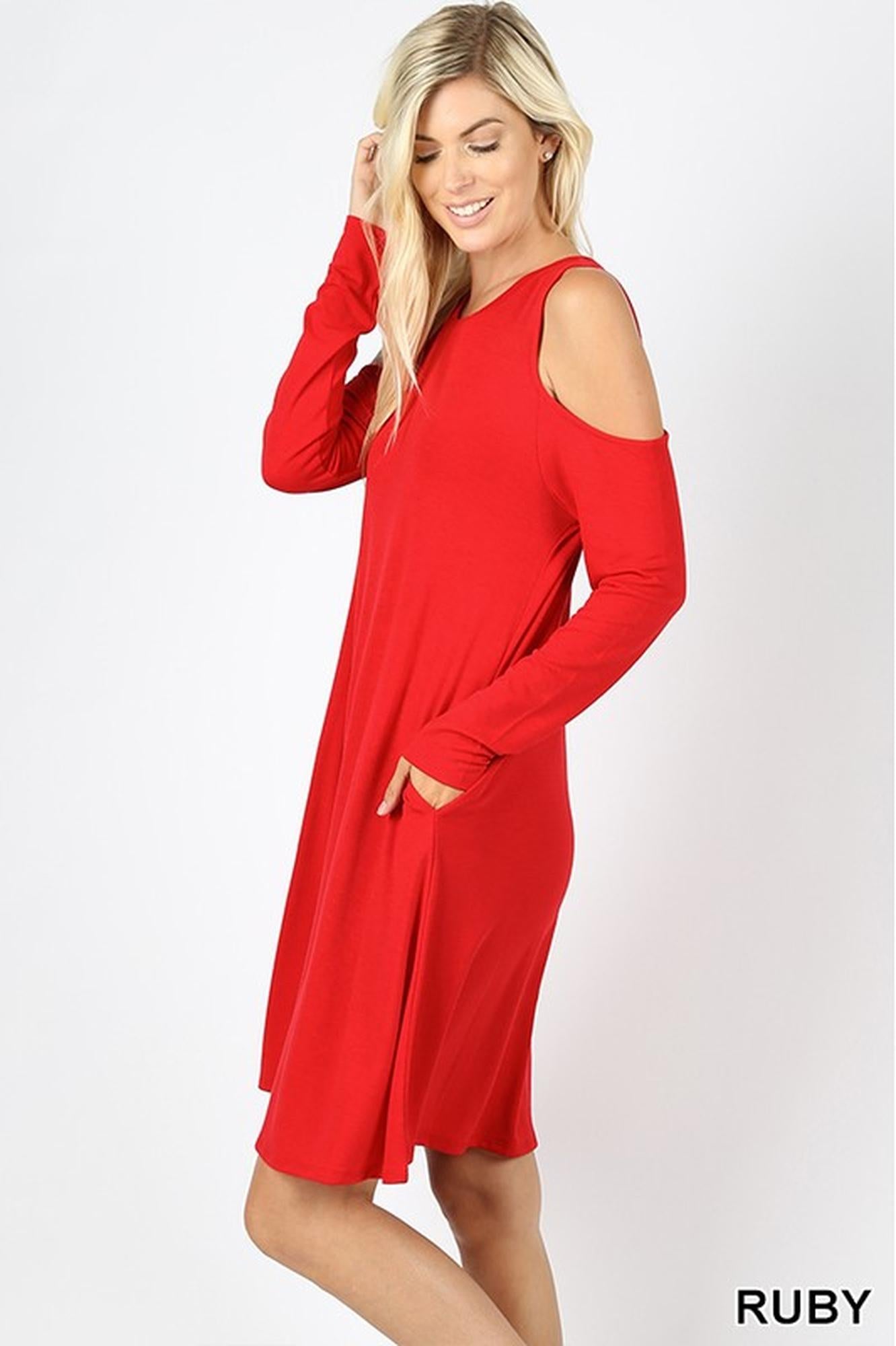 Premium Long Sleeve Cold Shoulder Rayon Tunic / Dress with Pockets