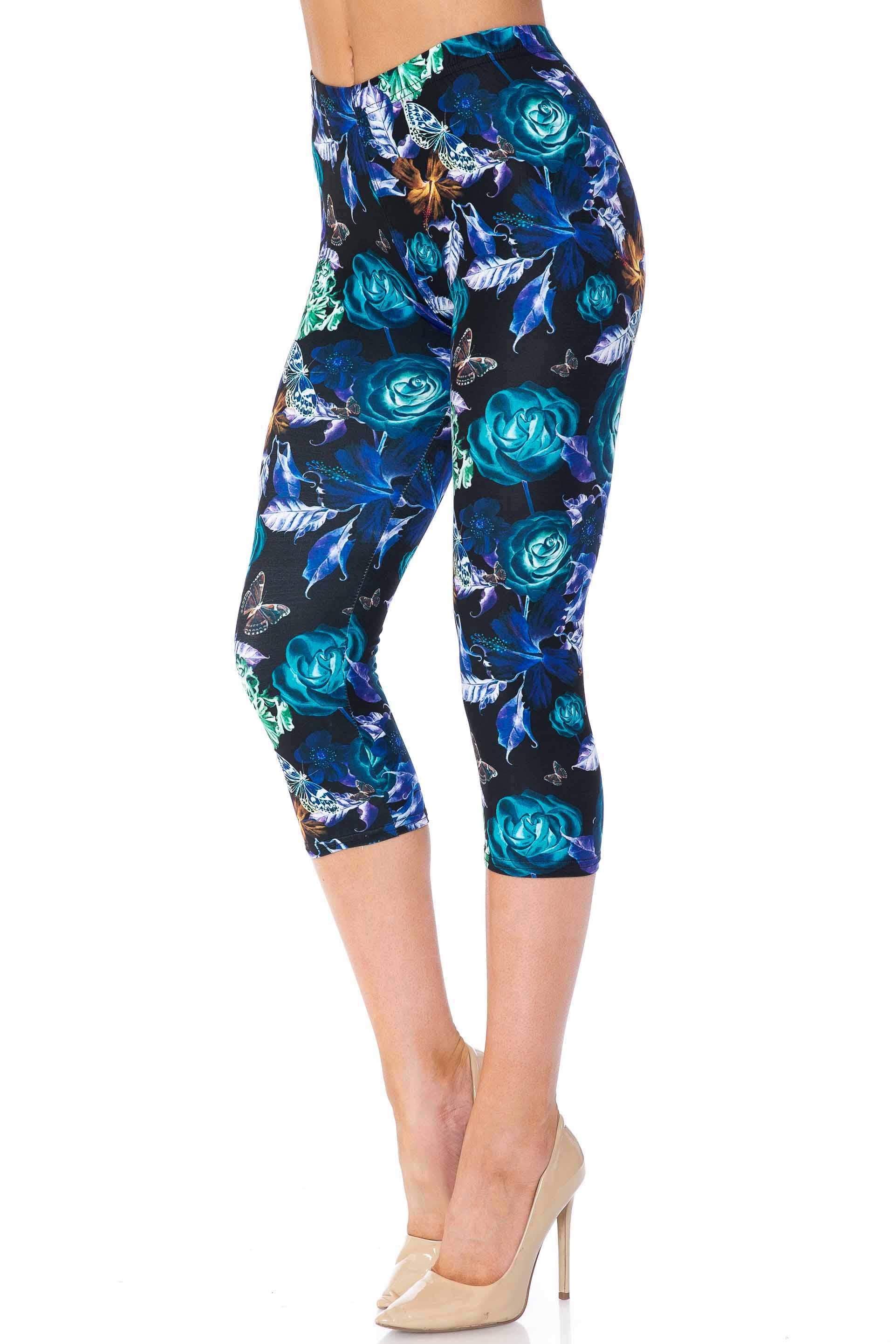 Creamy Soft Electric Blue Floral Butterfly Capris - USA Fashion (One Size Regular,Blue)