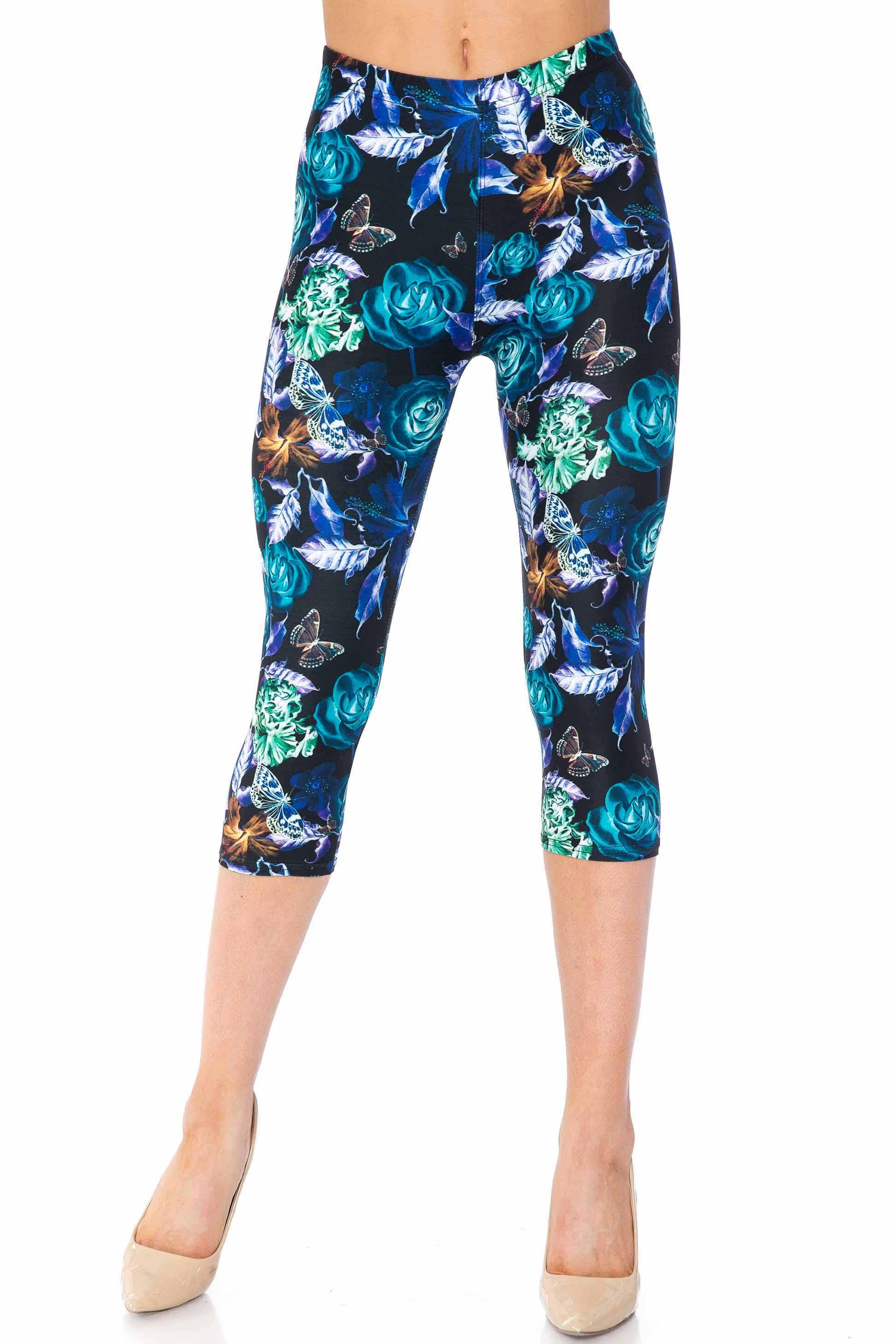 Creamy Soft Electric Blue Floral Butterfly Capris - USA Fashion (One Size Regular,Blue)