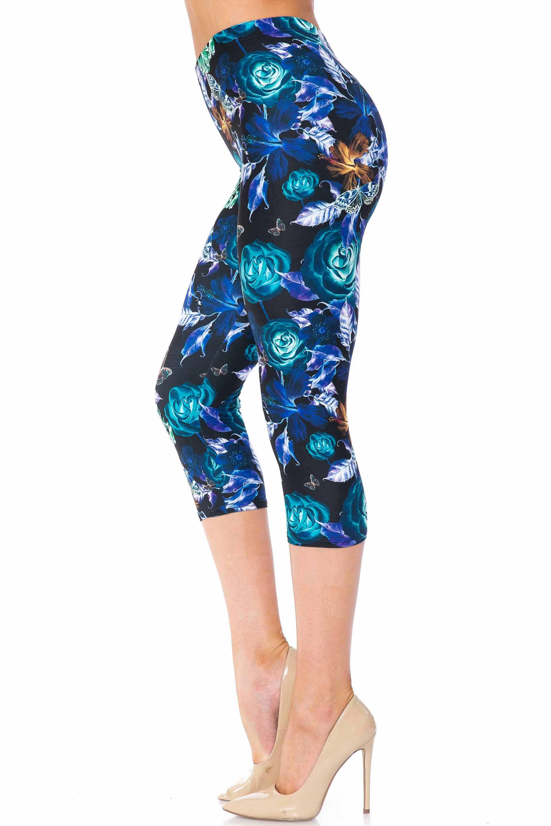 Creamy Soft Electric Blue Floral Butterfly Capris - USA Fashion (One Size Regular,Blue)