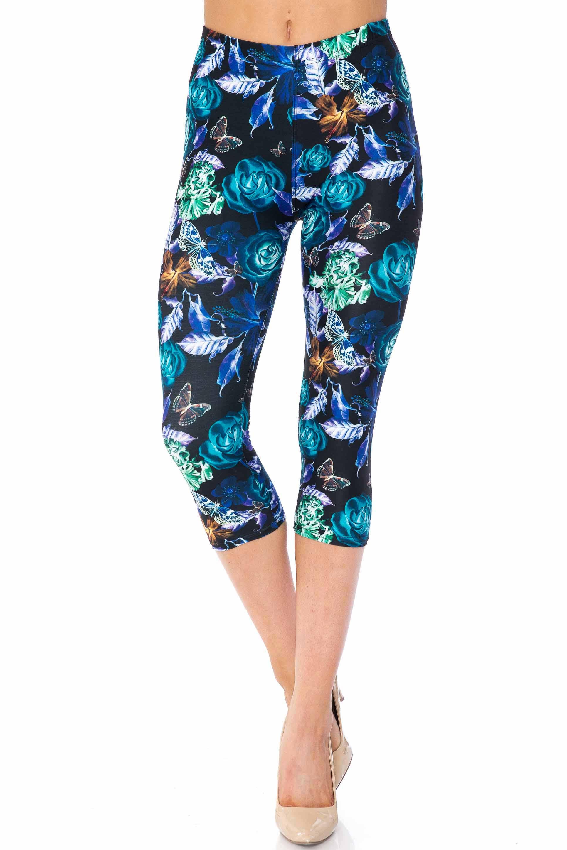 Creamy Soft Electric Blue Floral Butterfly Capris - USA Fashion (One Size Regular,Blue)