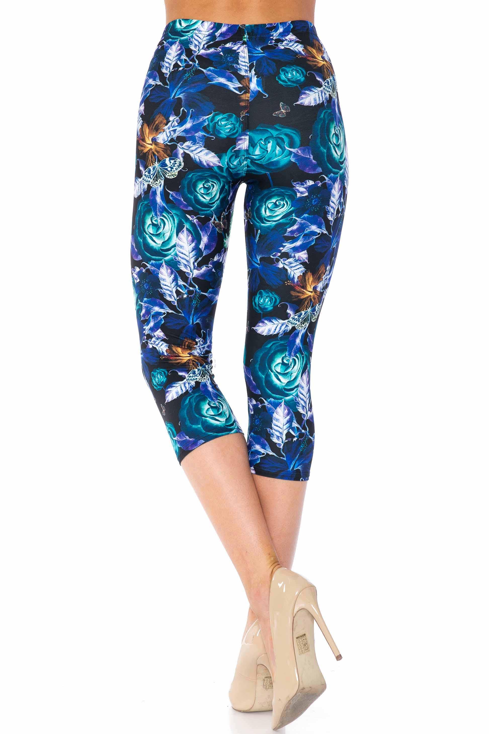 Creamy Soft Electric Blue Floral Butterfly Capris - USA Fashion (One Size Regular,Blue)