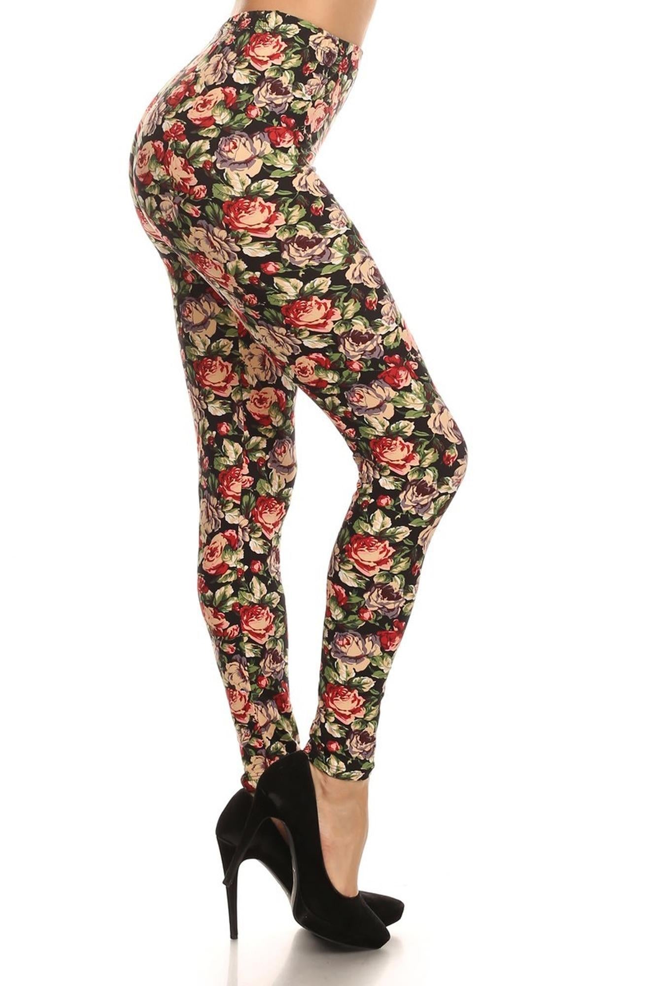Buttery Soft Vintage Floral Leggings (One Size Regular,Multi Color Bold)