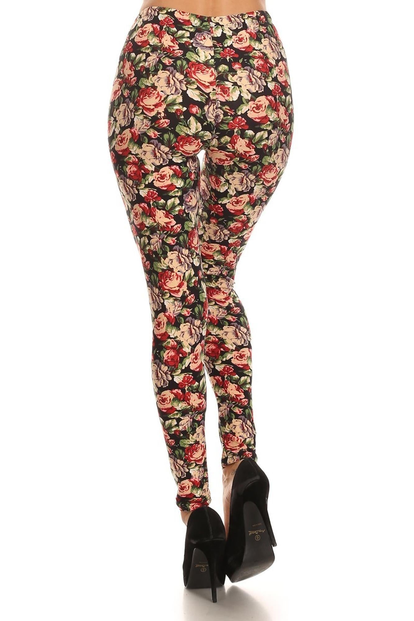 Buttery Soft Vintage Floral Leggings (One Size Regular,Multi Color Bold)