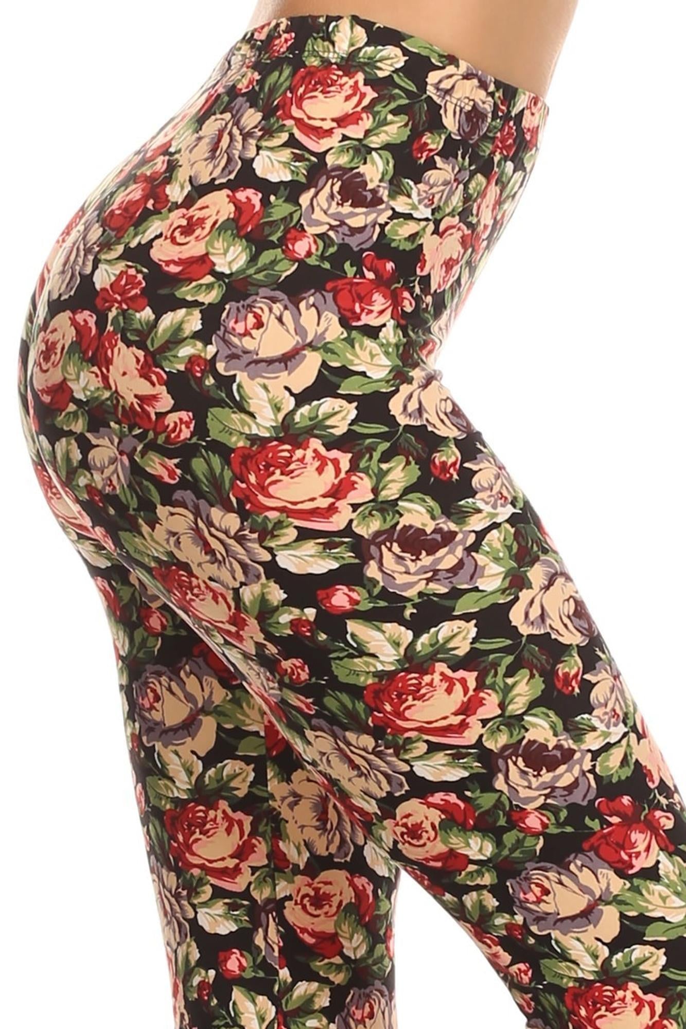 Buttery Soft Vintage Floral Leggings (One Size Regular,Multi Color Bold)