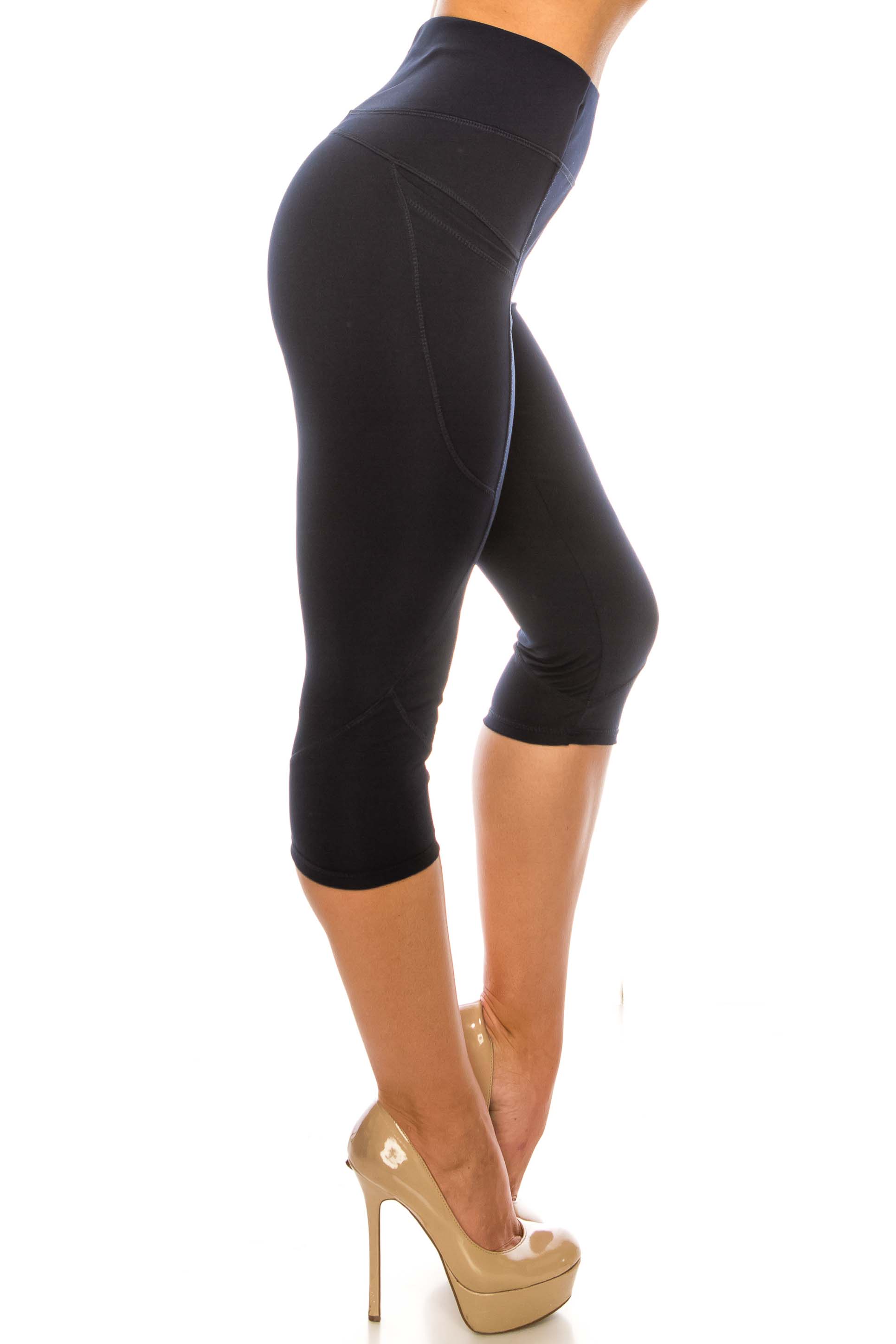 Navy Contour Seam High Waisted Sport Capris with Pockets