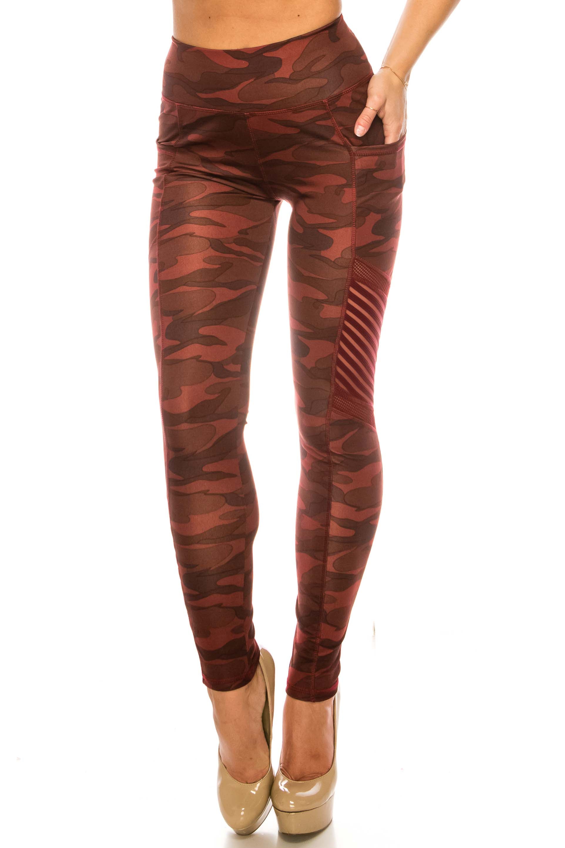 Burgundy Camouflage Serrated Mesh High Waisted Sport Leggings
