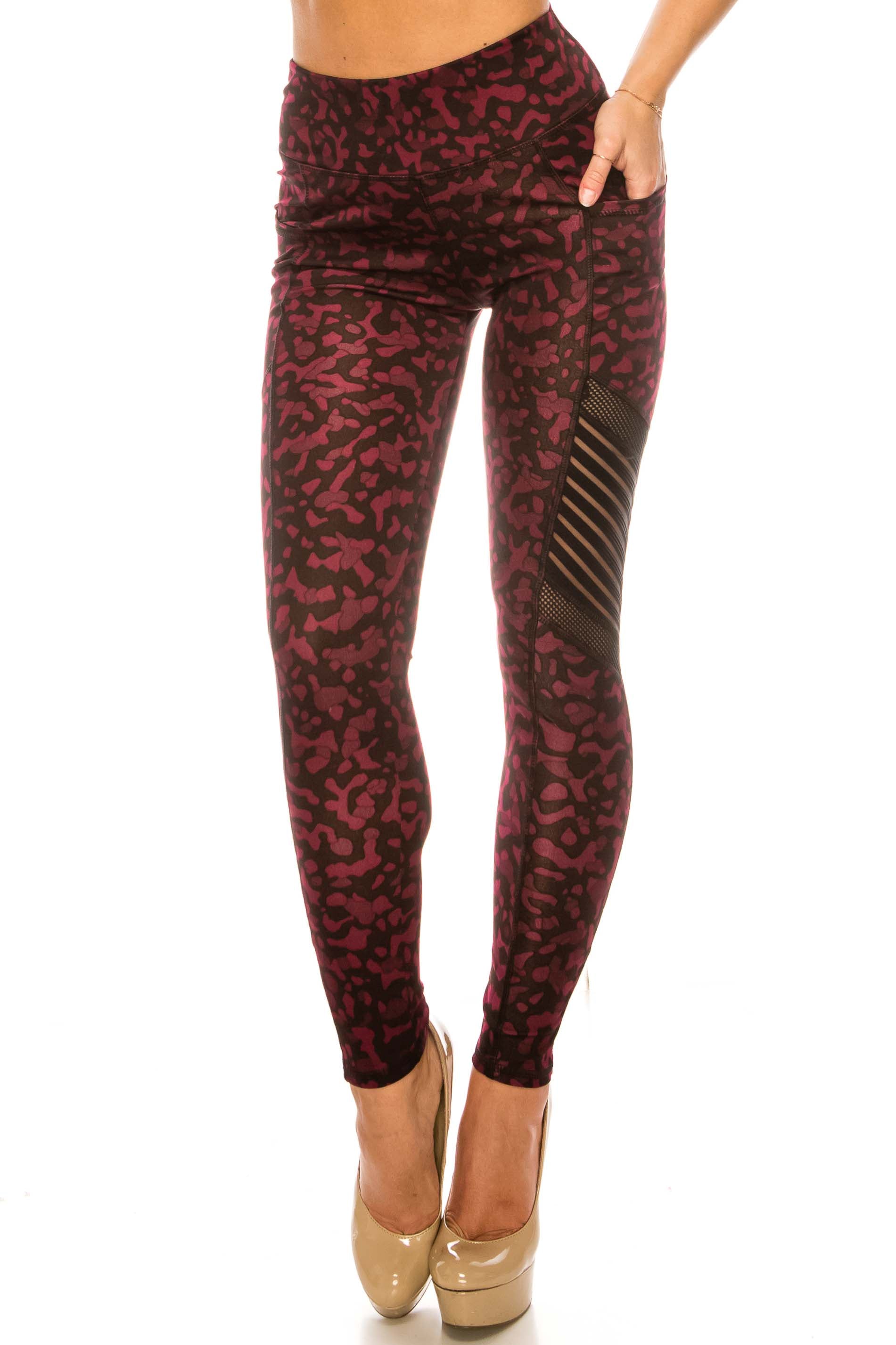 Burgundy Leopard Serrated Mesh High Waisted Sport Leggings