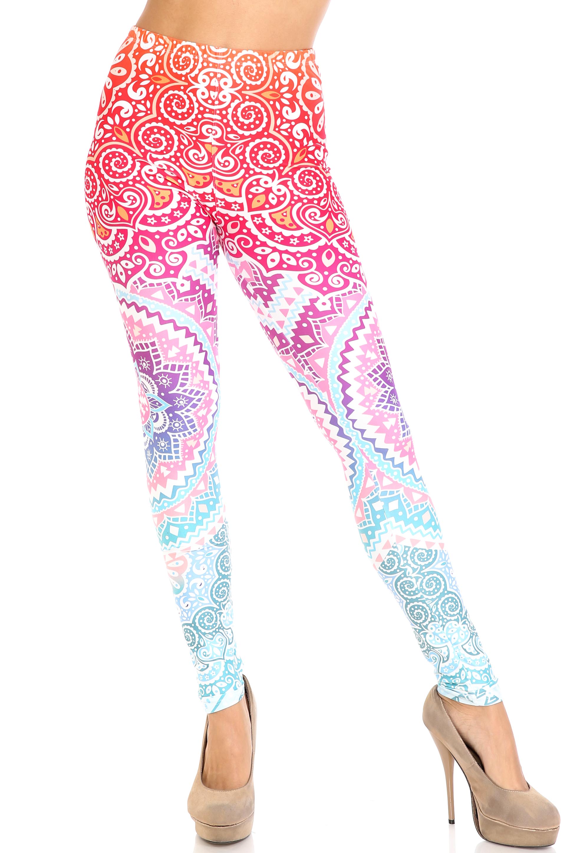 Creamy Soft Ombre Mandala Aztec Leggings - USA Fashion (One Size Regular,Multi Color Pastel)