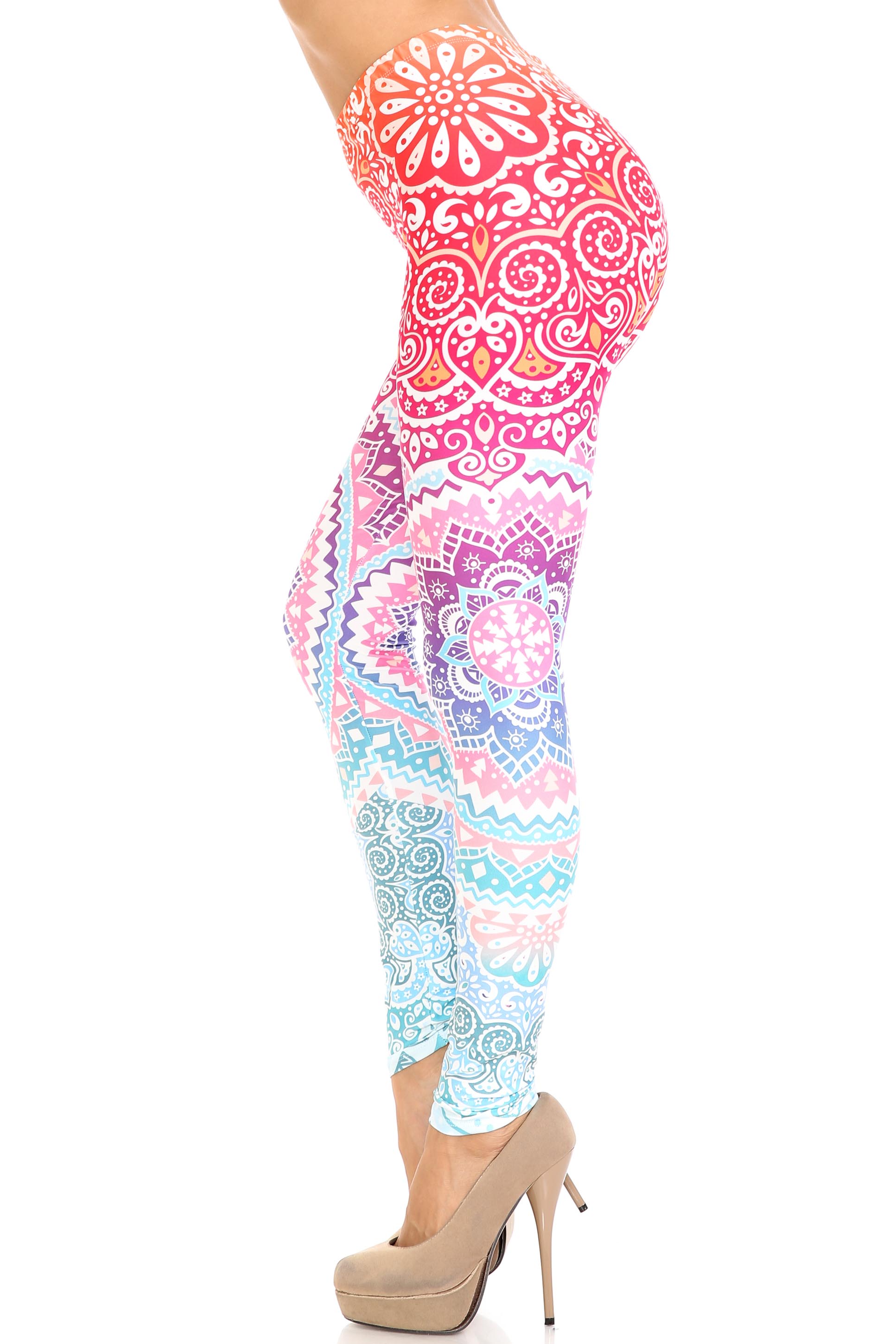 Creamy Soft Ombre Mandala Aztec Leggings - USA Fashion (One Size Regular,Multi Color Pastel)