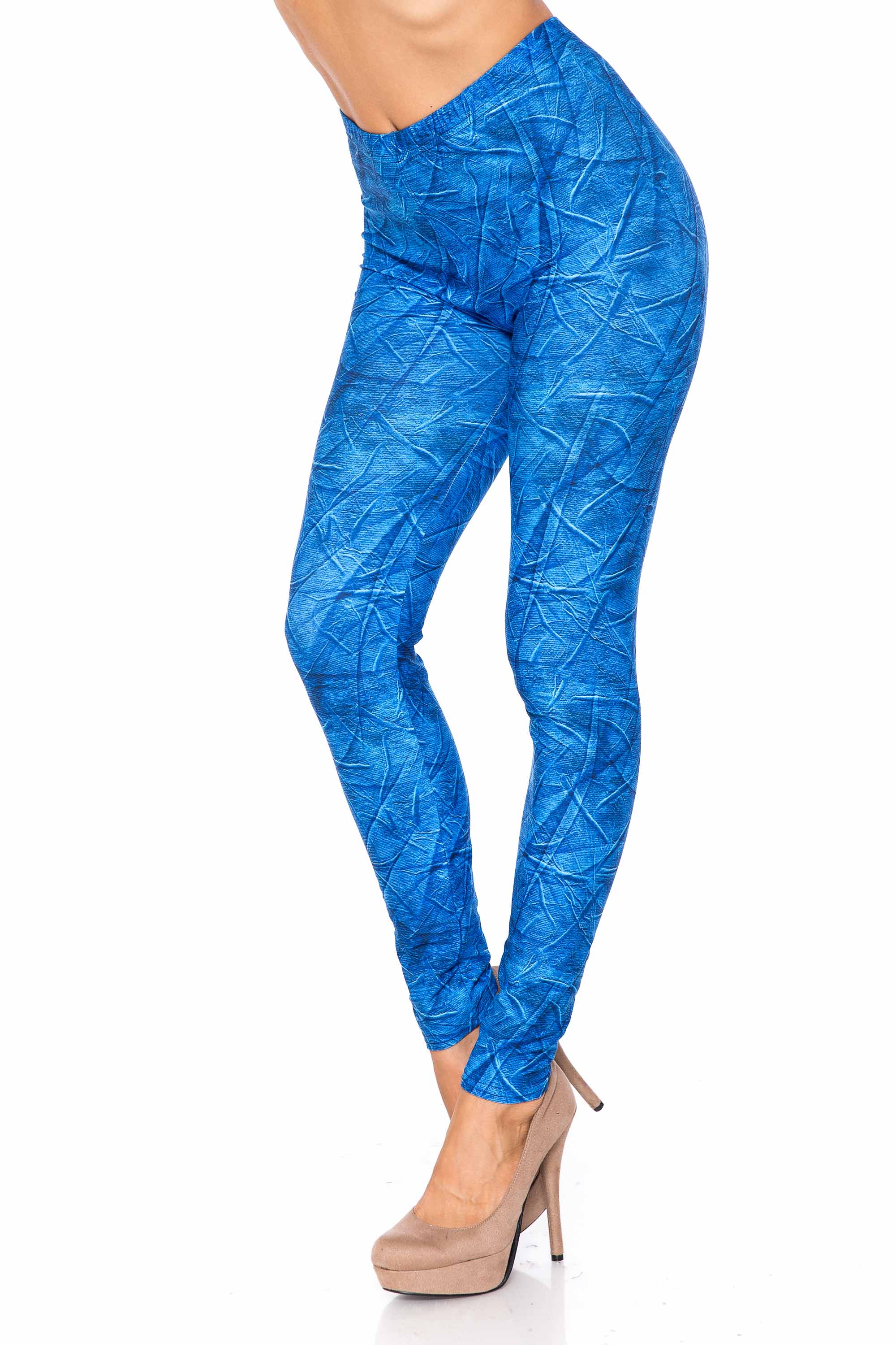 Creamy Soft Blue Wrinkled Denim Leggings - USA Fashion (One Size Regular,Blue)
