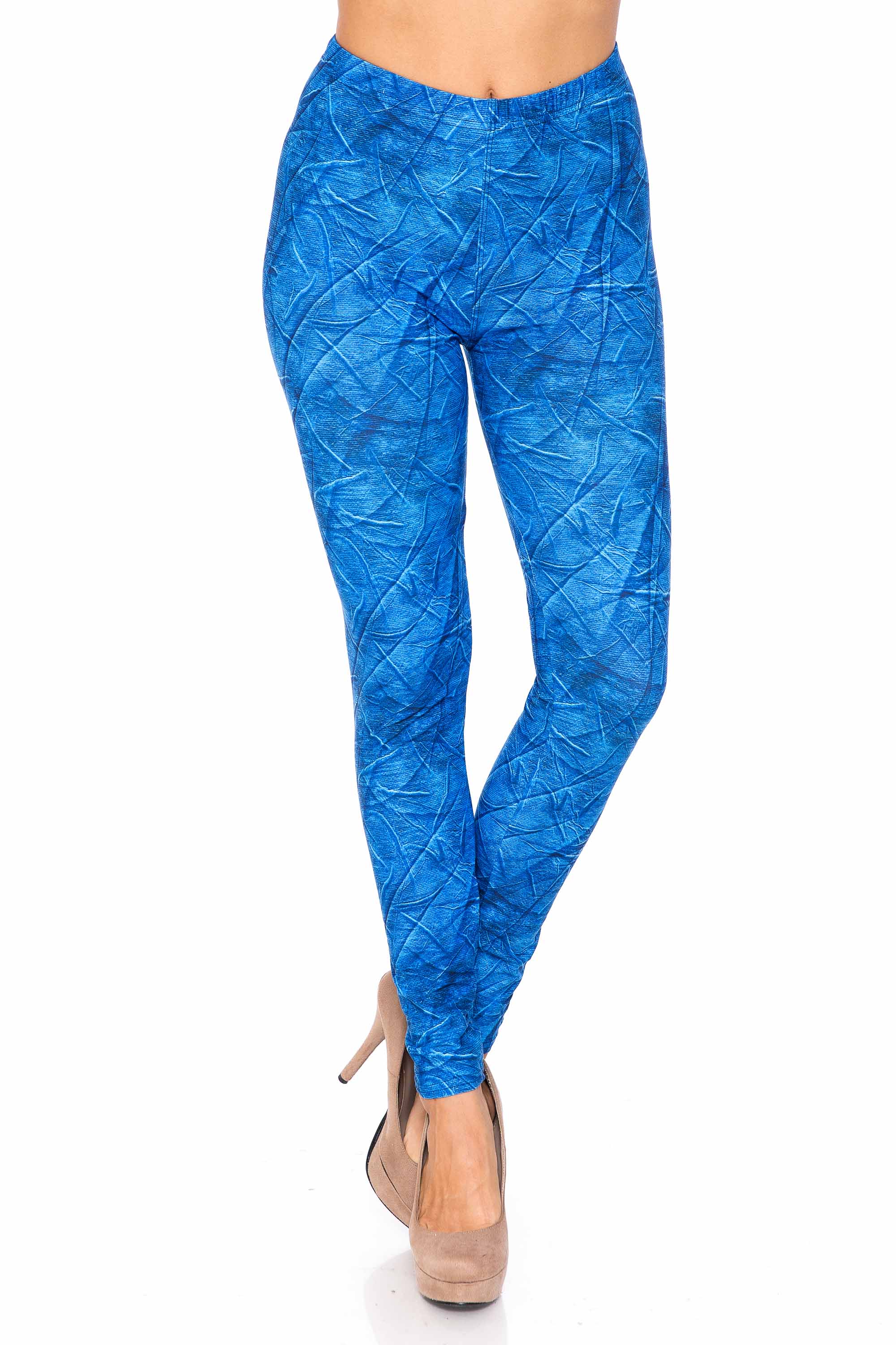 Creamy Soft Blue Wrinkled Denim Leggings - USA Fashion (One Size Regular,Blue)