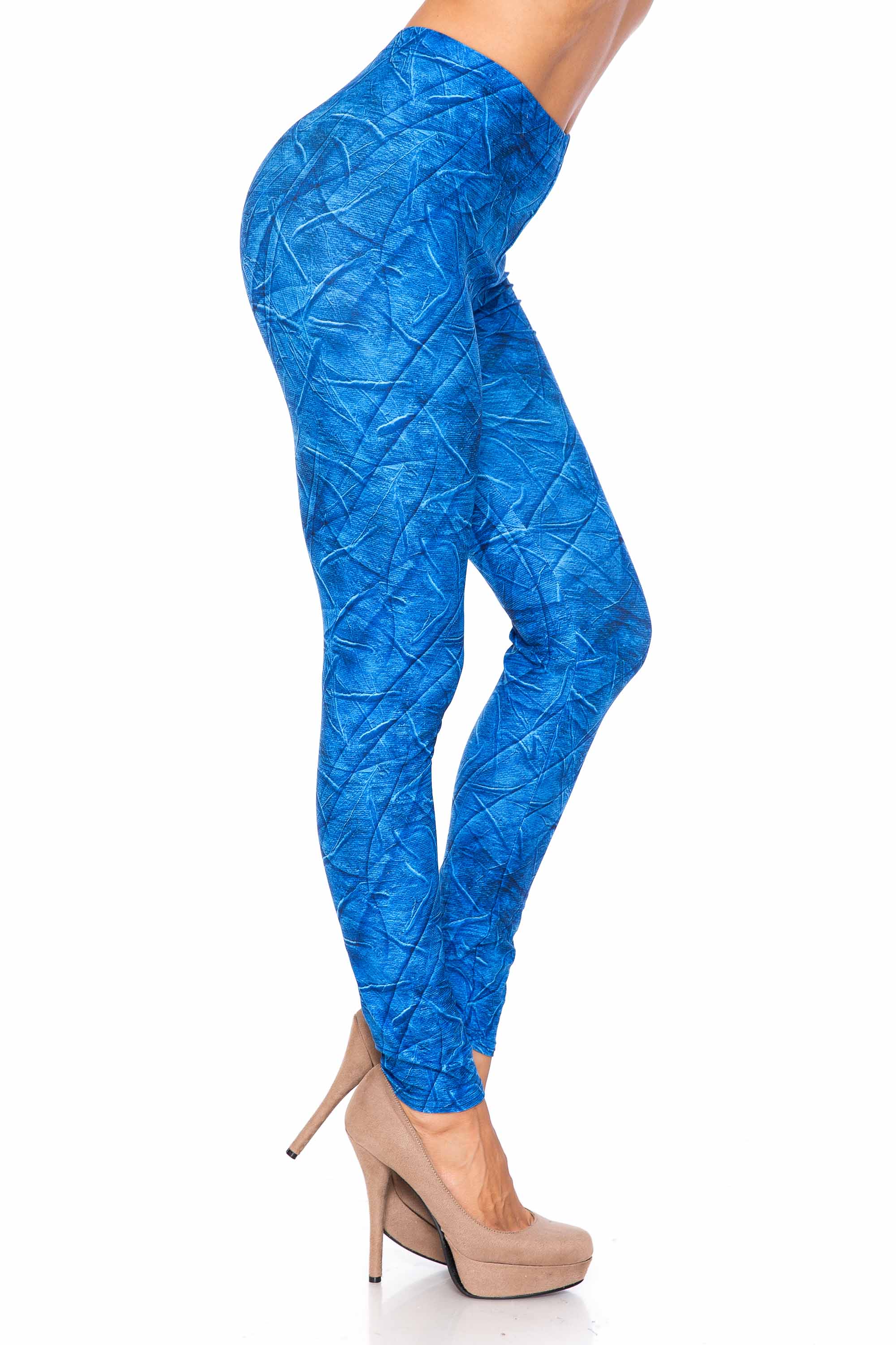 Creamy Soft Blue Wrinkled Denim Leggings - USA Fashion (One Size Regular,Blue)