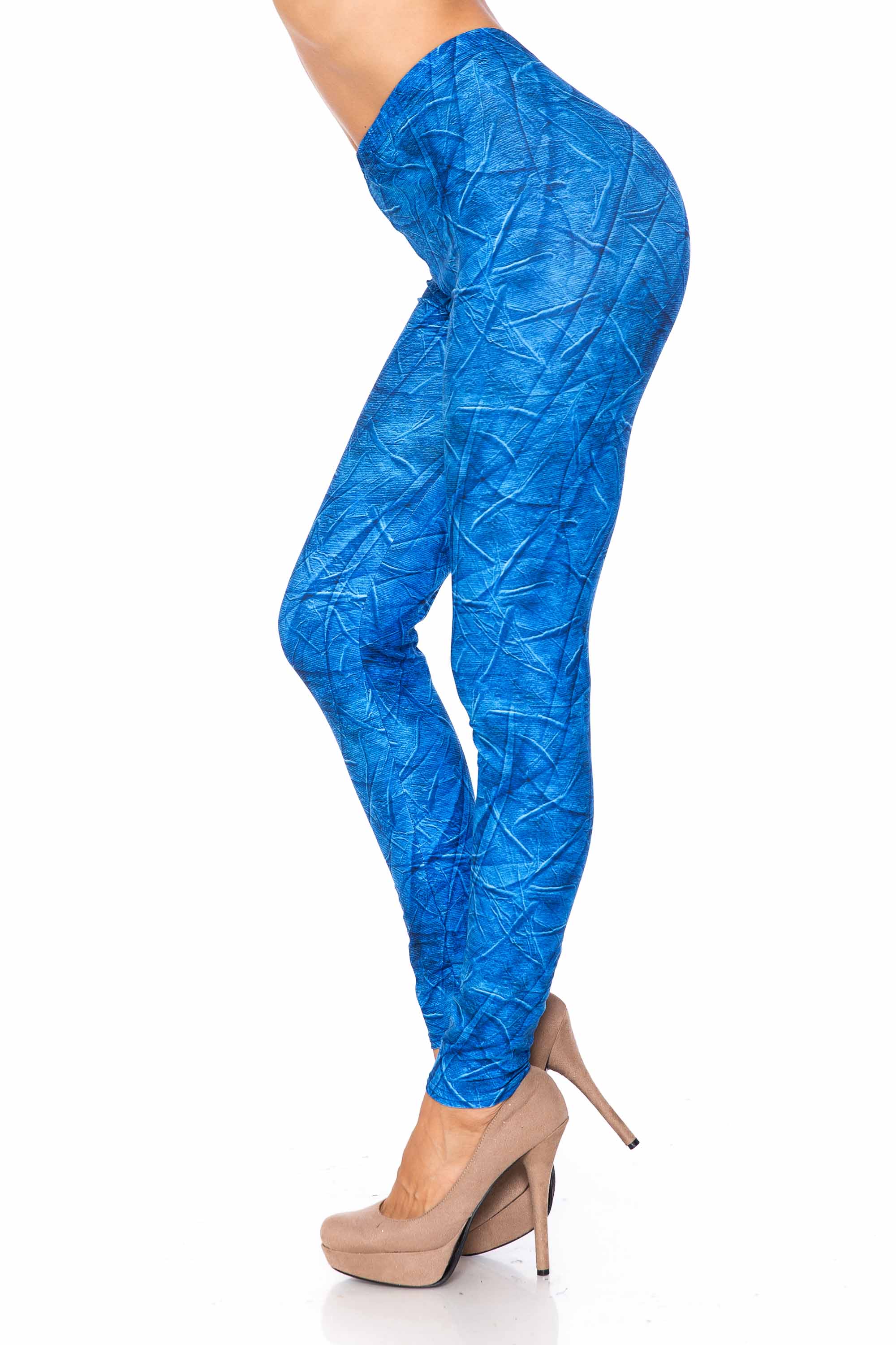 Creamy Soft Blue Wrinkled Denim Leggings - USA Fashion (One Size Regular,Blue)