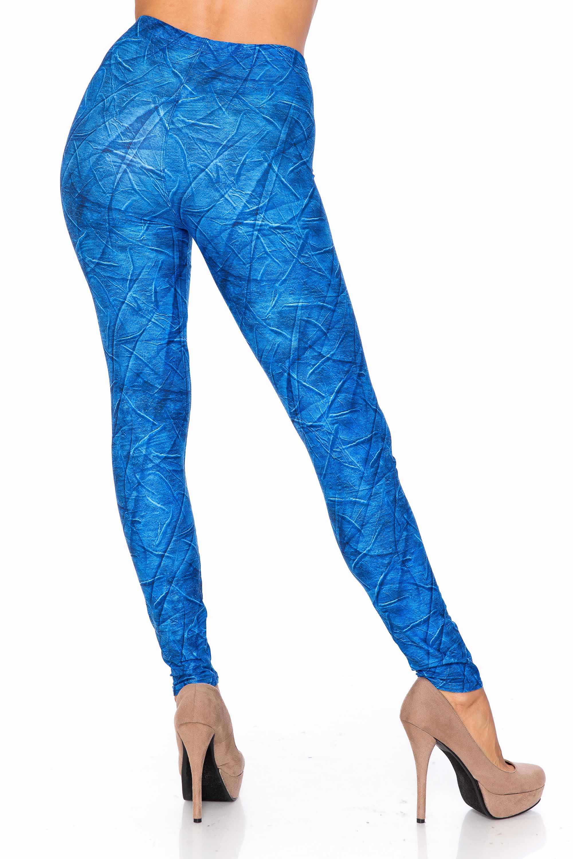 Creamy Soft Blue Wrinkled Denim Leggings - USA Fashion (One Size Regular,Blue)