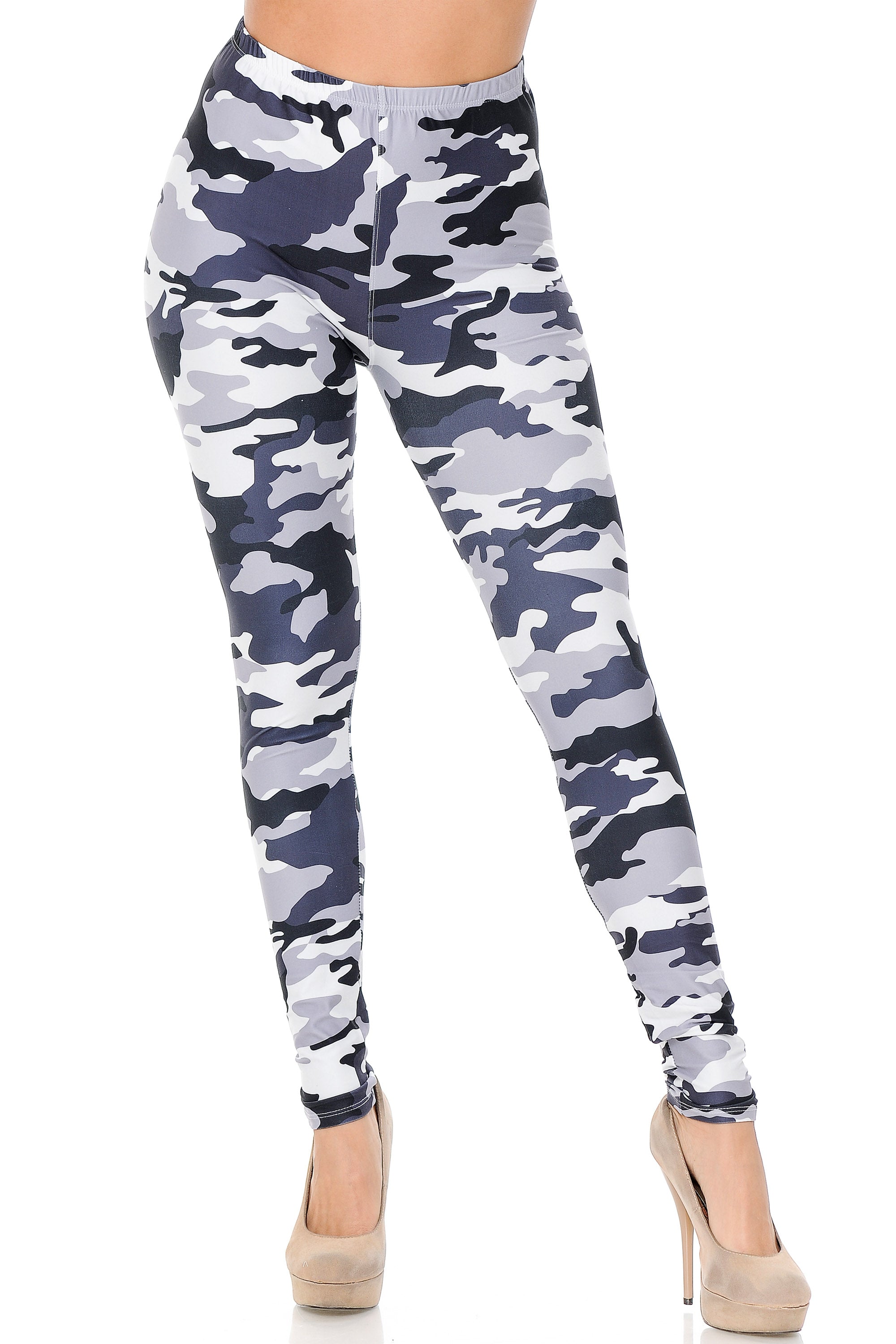 Creamy Soft Black and White Camouflage Leggings (One Size Regular,Charcoal)