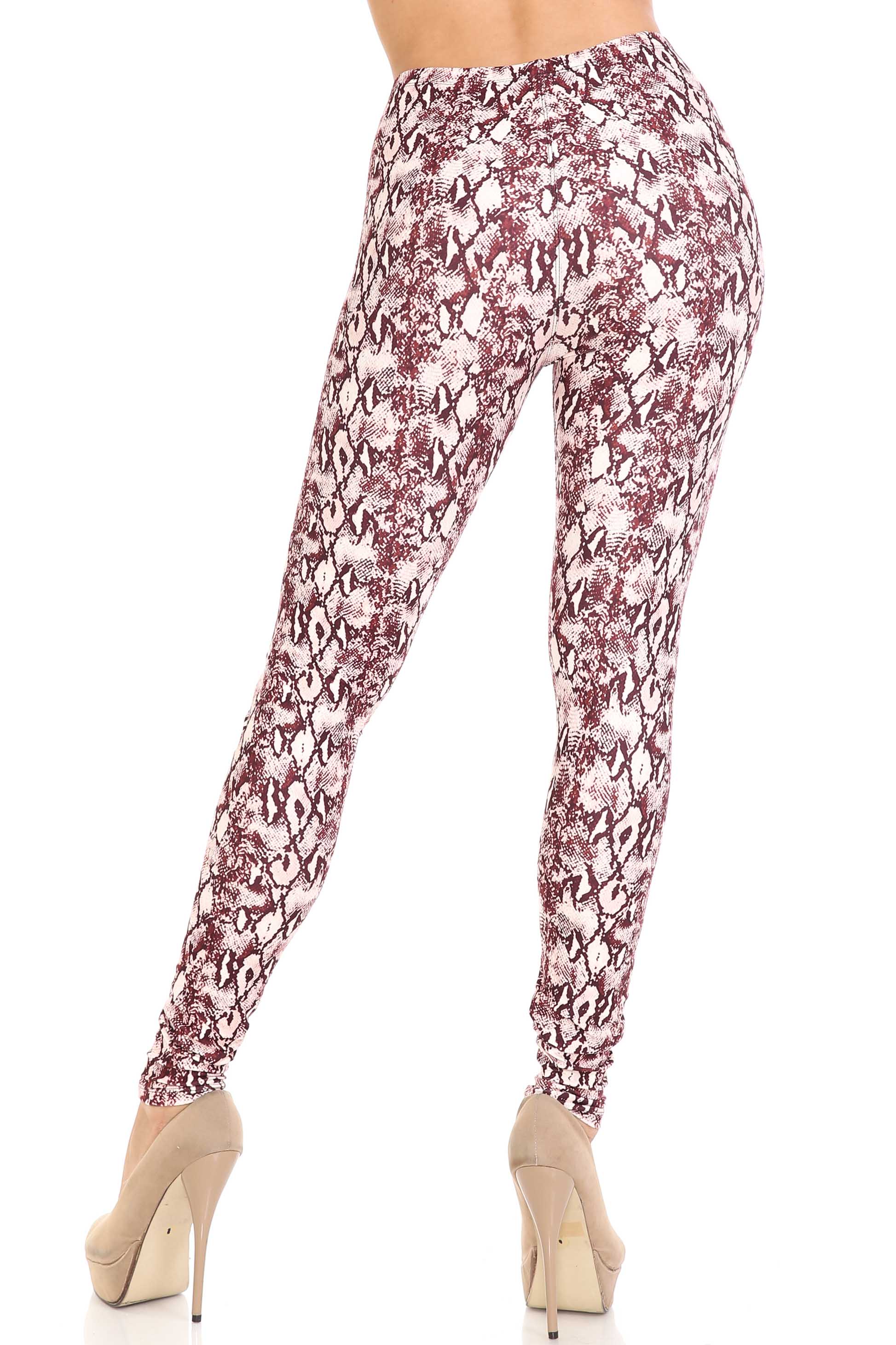 Creamy Soft Crimson Snakeskin Leggings - USA Fashion (One Size Regular,Burgundy)