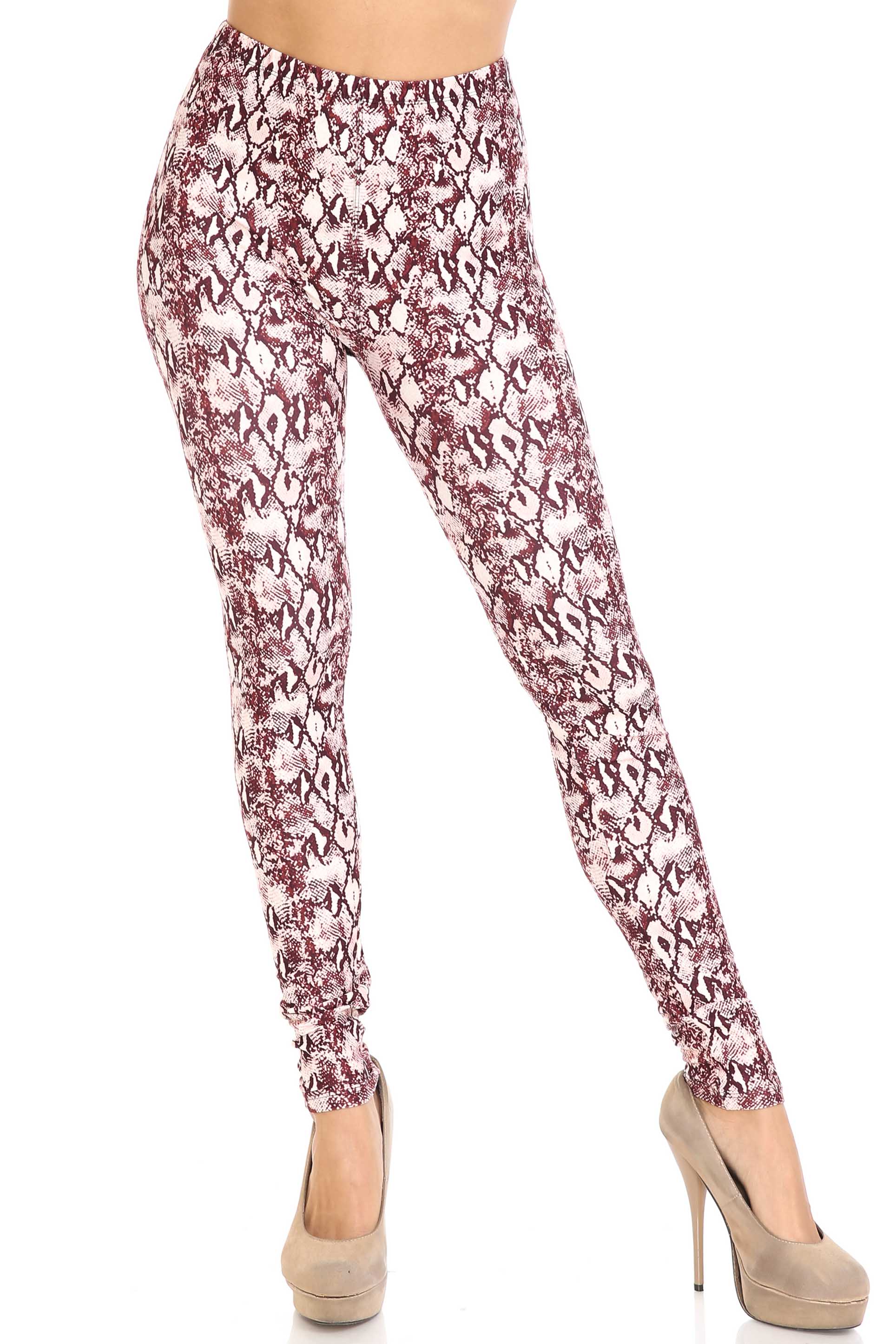 Creamy Soft Crimson Snakeskin Leggings - USA Fashion (One Size Regular,Burgundy)