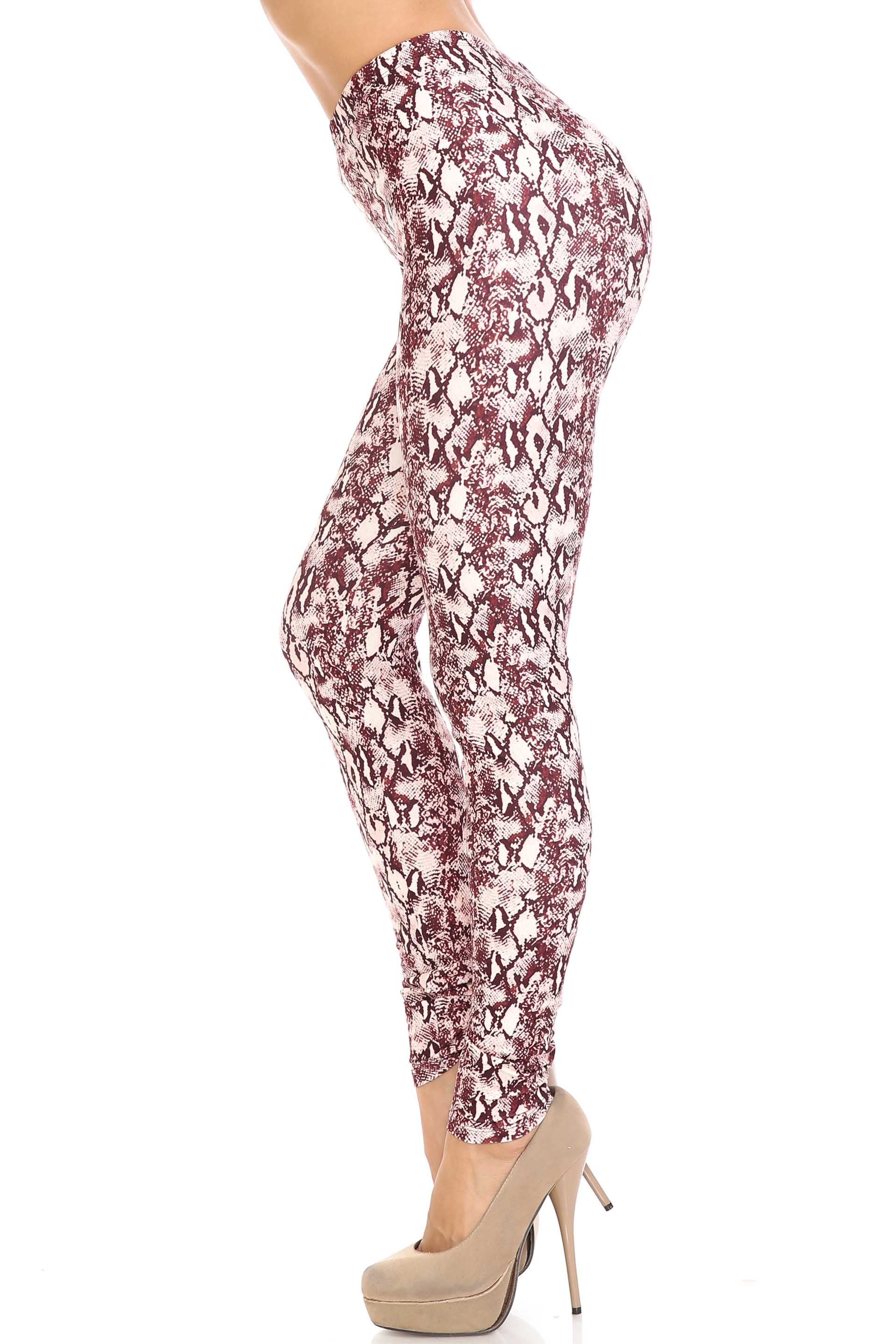 Creamy Soft Crimson Snakeskin Leggings - USA Fashion (One Size Regular,Burgundy)