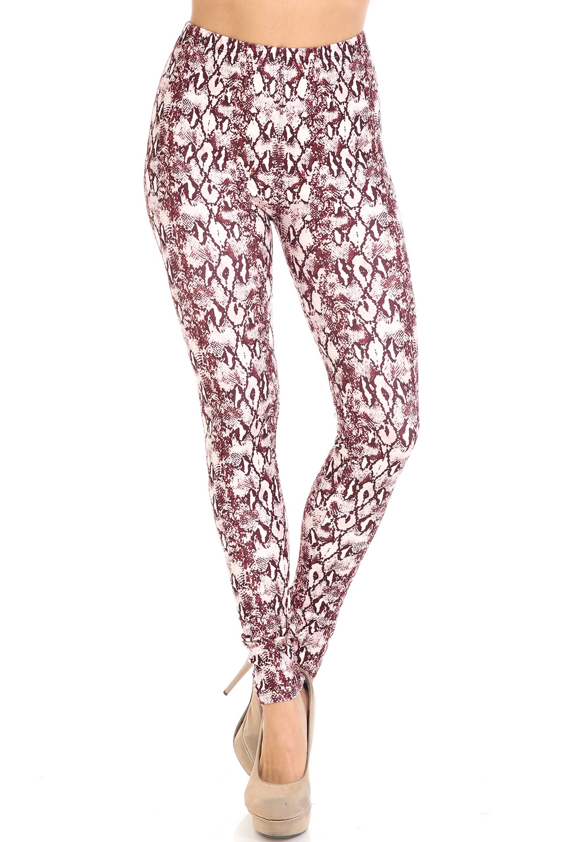 Creamy Soft Crimson Snakeskin Leggings - USA Fashion (One Size Regular,Burgundy)