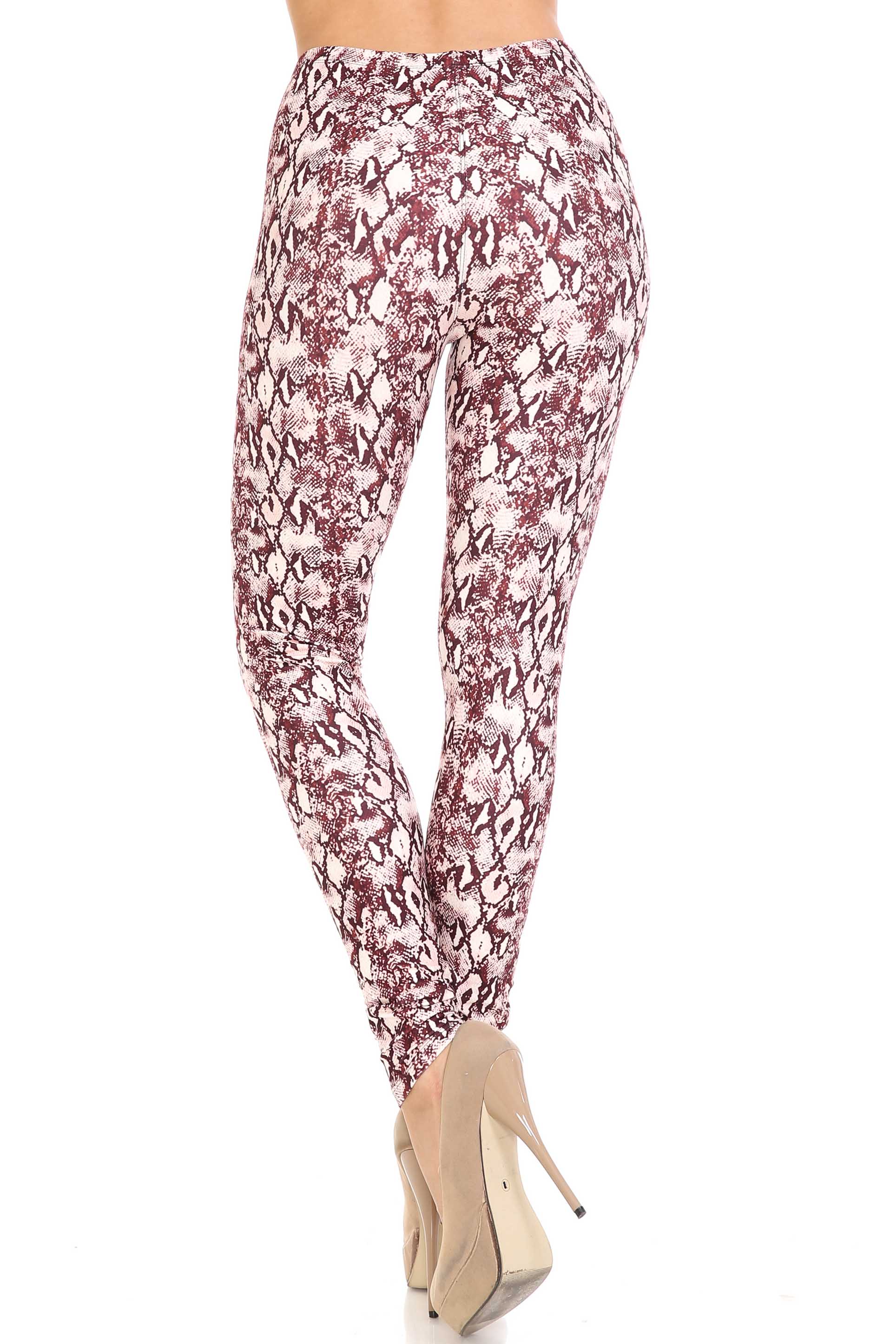 Creamy Soft Crimson Snakeskin Leggings - USA Fashion (One Size Regular,Burgundy)
