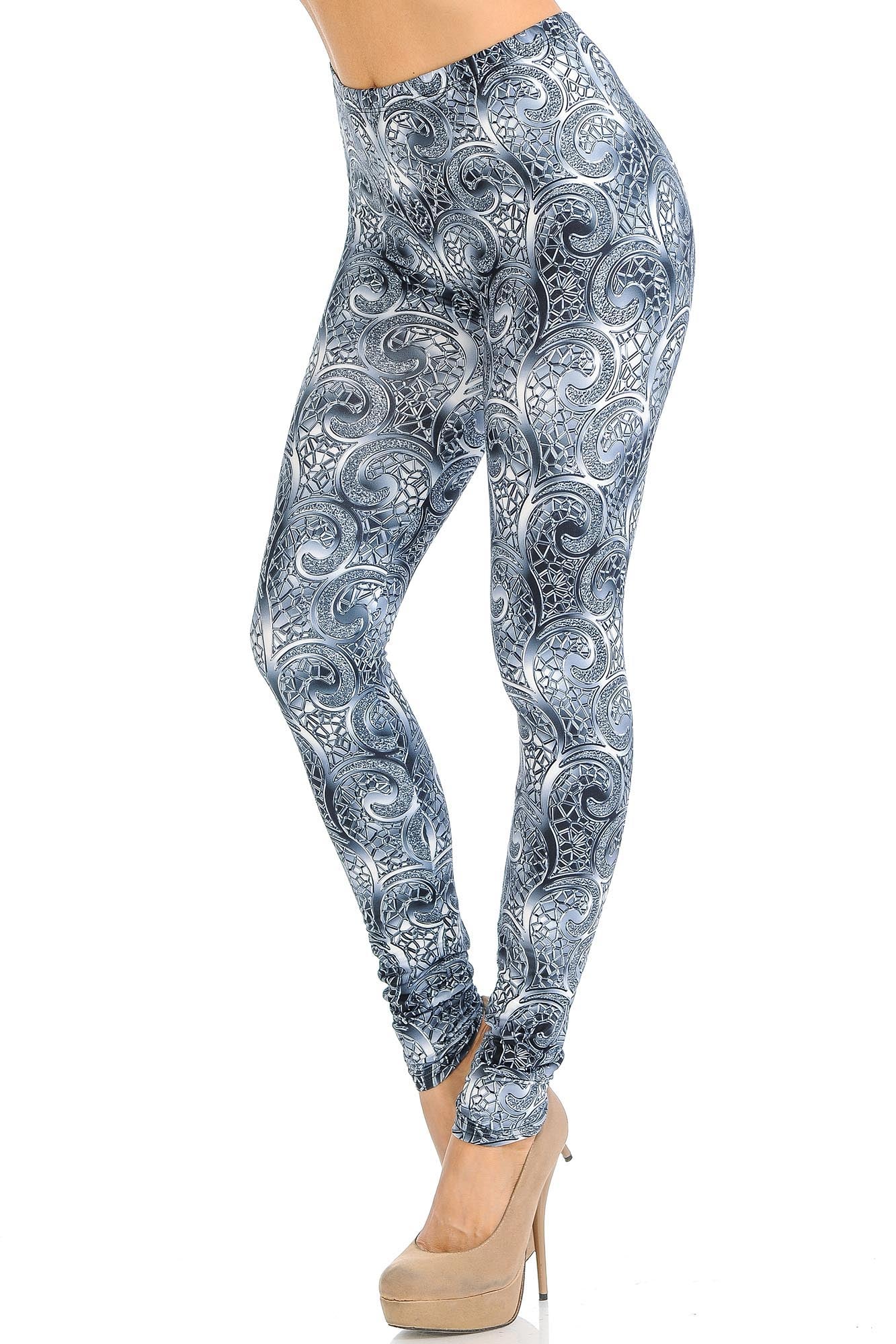 Creamy Soft Swirling Crystal Glass Leggings - USA Fashion (One Size Regular,Charcoal)