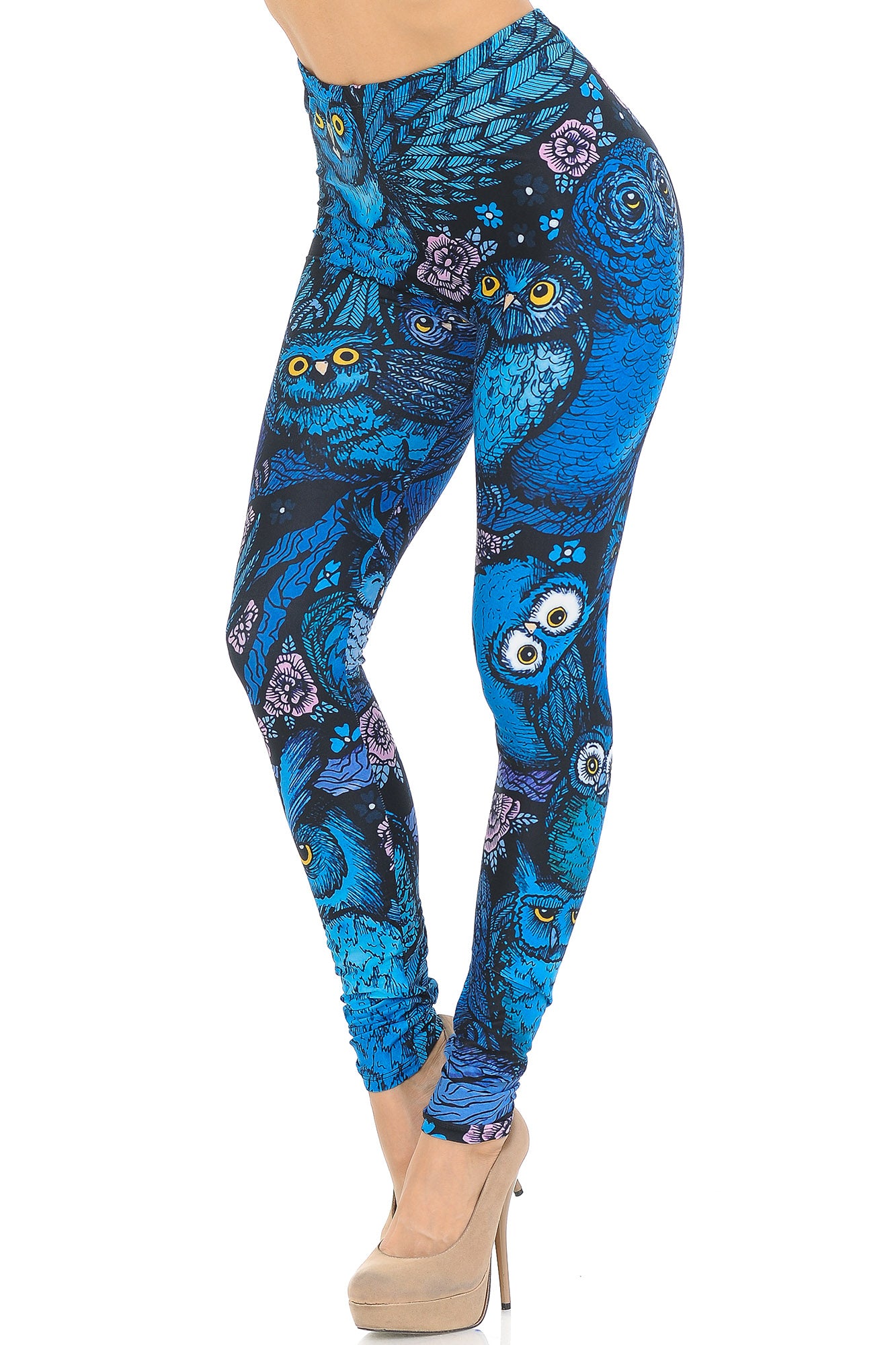 Creamy Soft Blue Owl Collage Leggings - USA Fashion (One Size Regular,Blue)