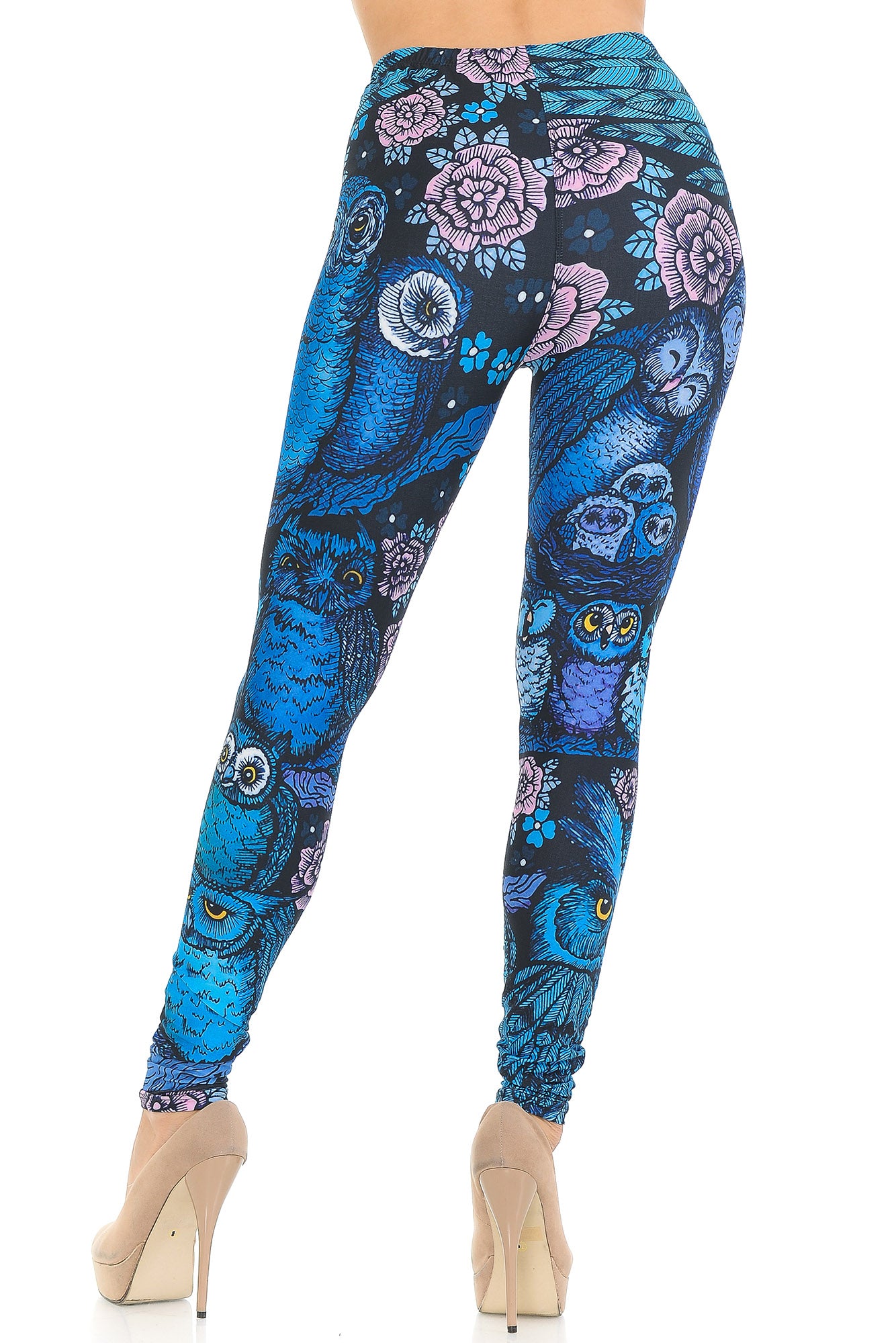 Creamy Soft Blue Owl Collage Leggings - USA Fashion (One Size Regular,Blue)