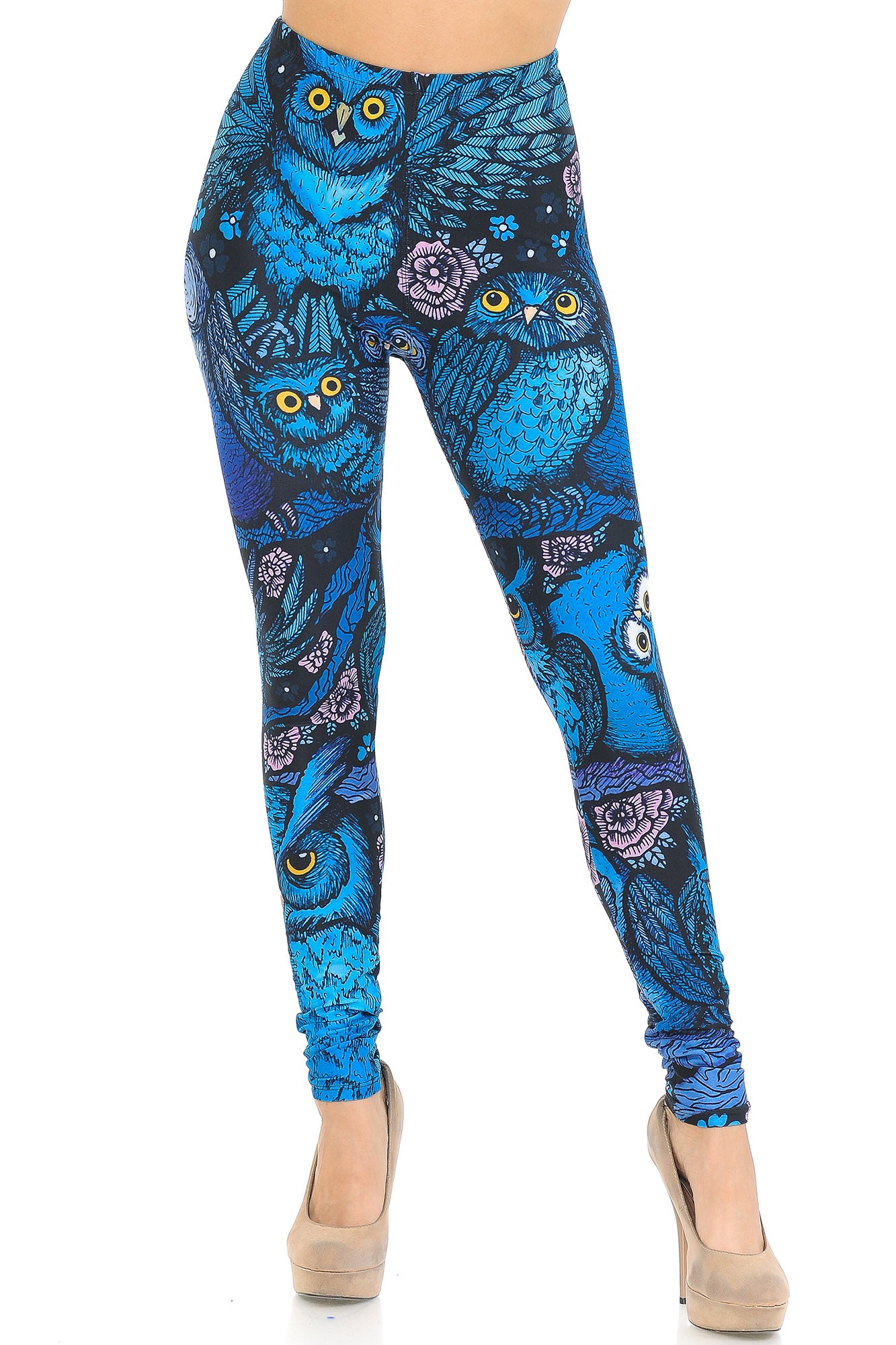 Creamy Soft Blue Owl Collage Leggings - USA Fashion (One Size Regular,Blue)