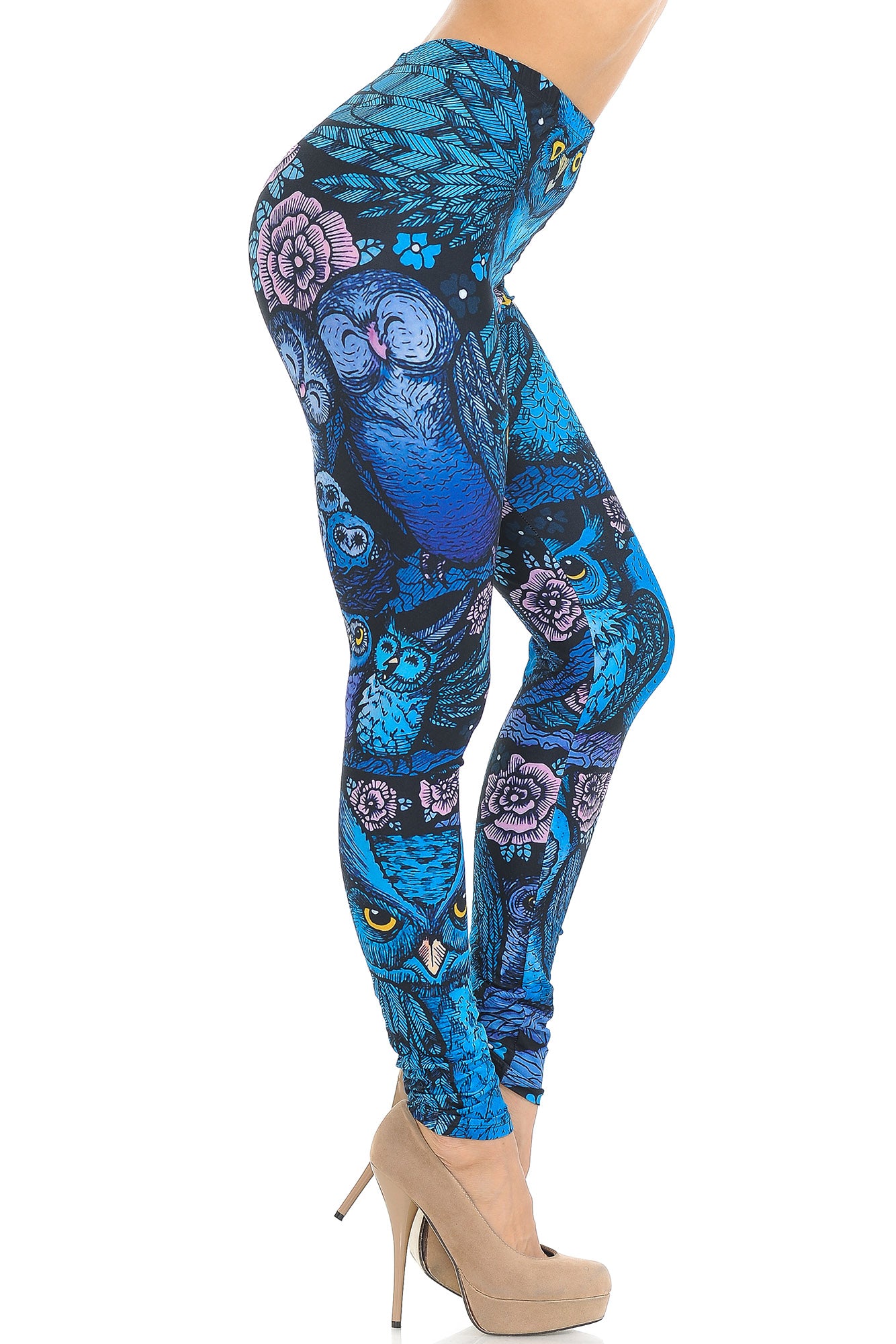 Creamy Soft Blue Owl Collage Leggings - USA Fashion (One Size Regular,Blue)
