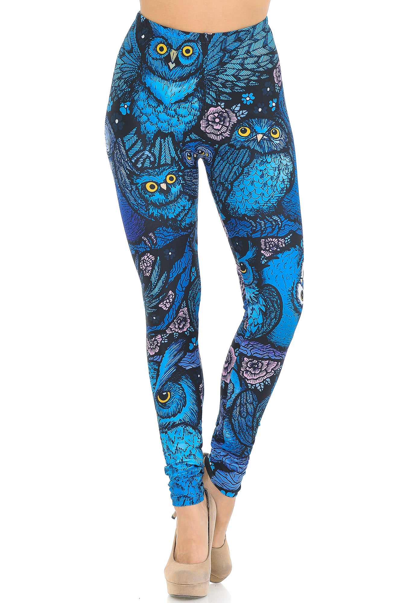 Creamy Soft Blue Owl Collage Leggings - USA Fashion (One Size Regular,Blue)