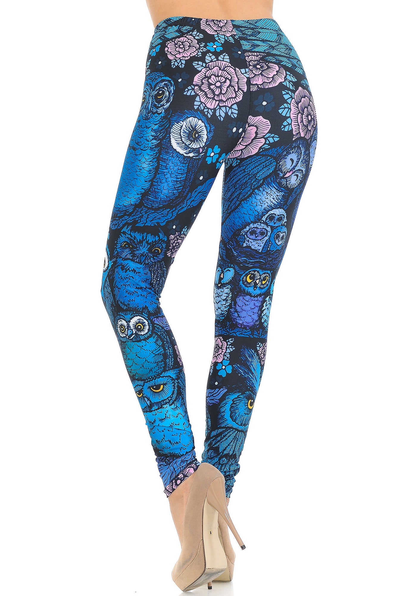 Creamy Soft Blue Owl Collage Leggings - USA Fashion (One Size Regular,Blue)