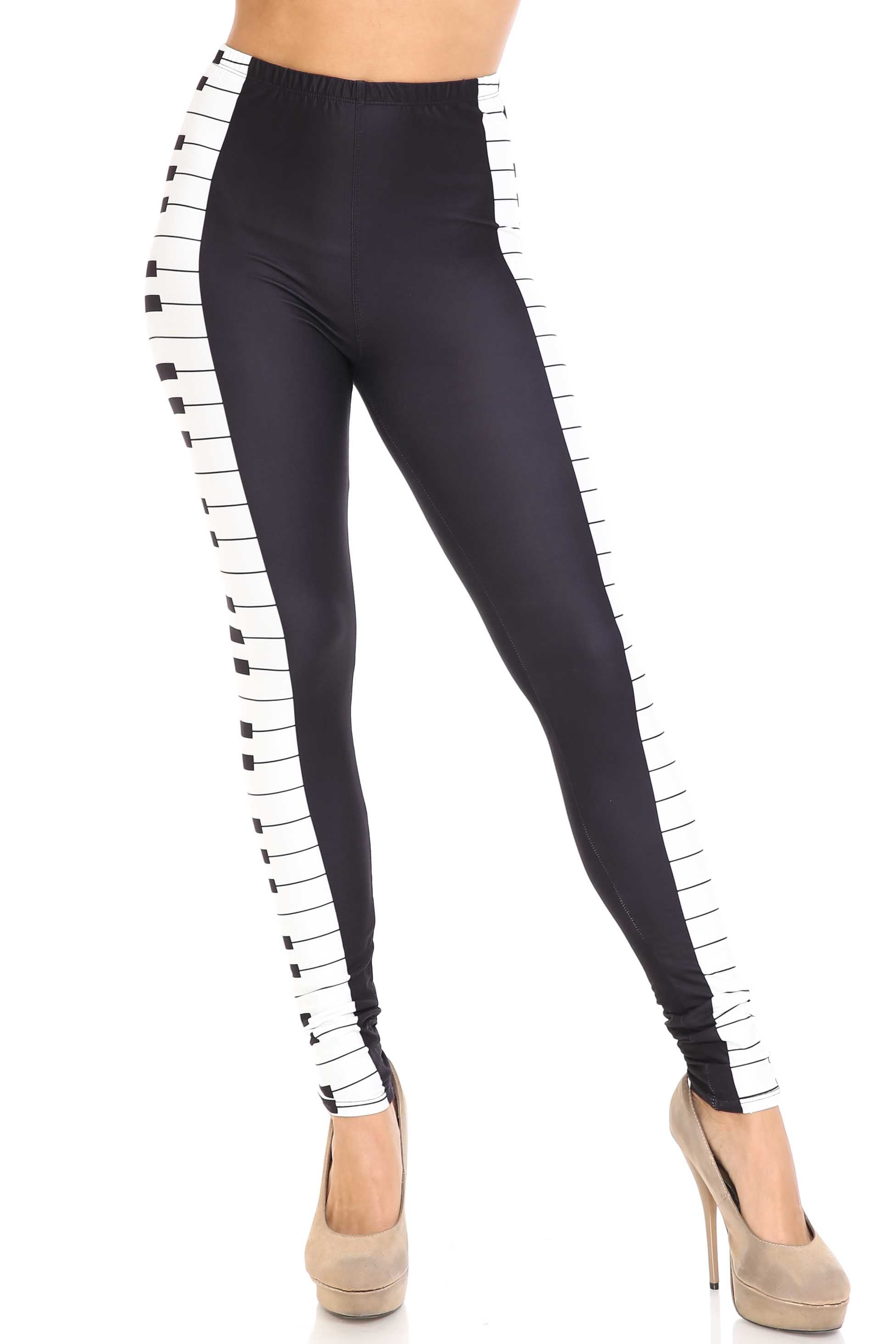 Creamy Soft Keys of the Piano Leggings | USA Fashion (One Size Regular,Black)
