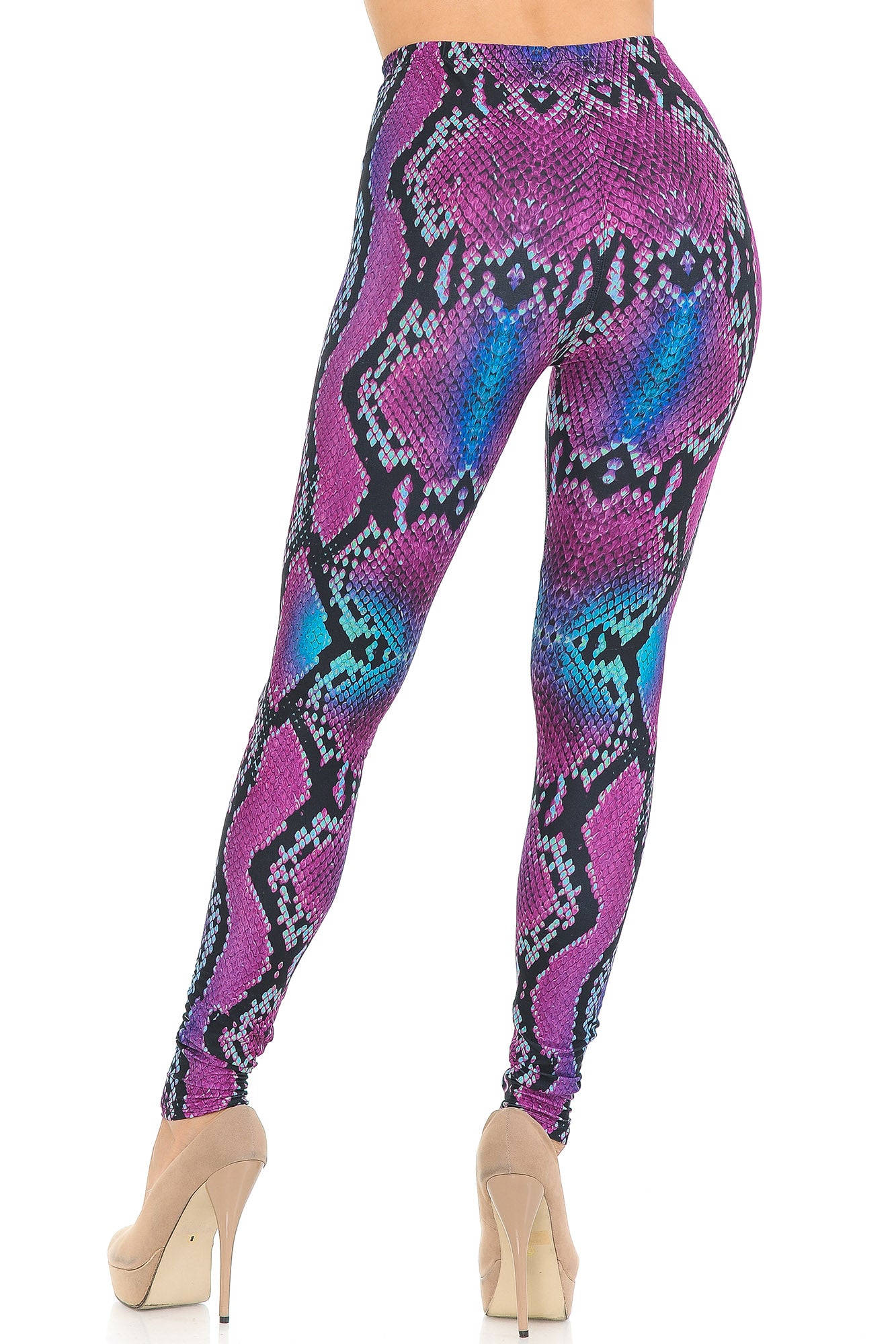 Creamy Soft Pink and Blue Snakeskin Leggings - USA Fashion (One Size Regular,Fuchsia)
