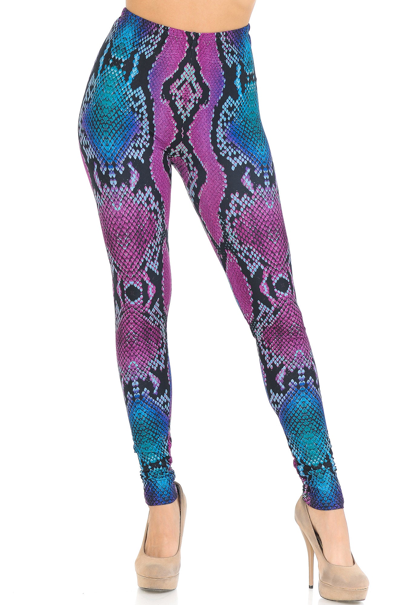 Creamy Soft Pink and Blue Snakeskin Leggings - USA Fashion (One Size Regular,Fuchsia)