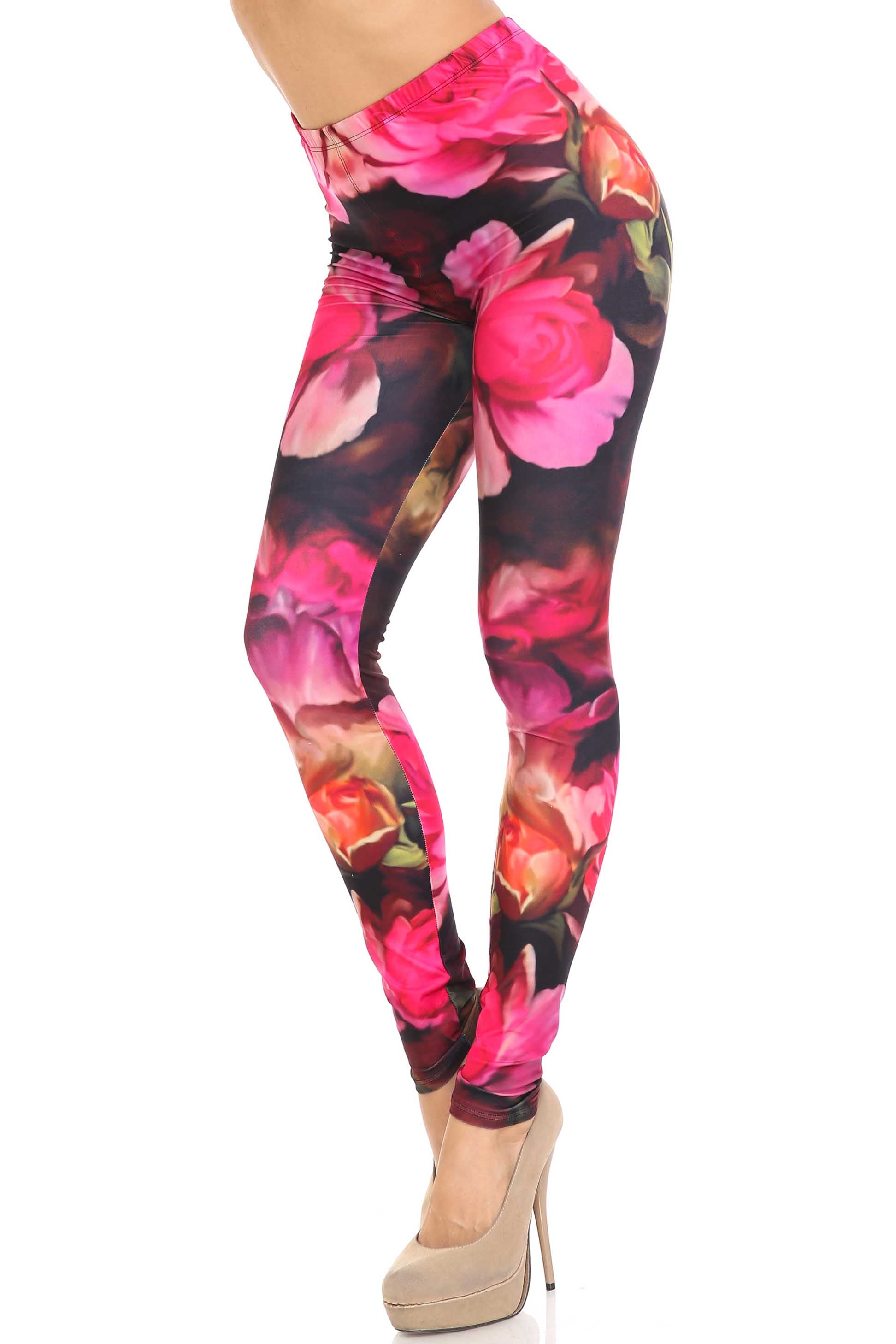 Creamy Soft Vintage Rose Leggings - USA Fashion (One Size Regular,Red)