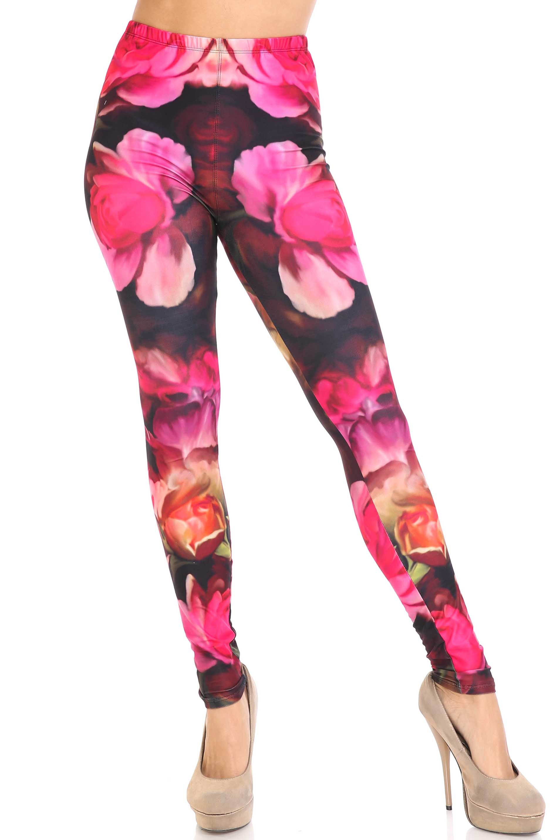 Creamy Soft Vintage Rose Leggings - USA Fashion (One Size Regular,Red)
