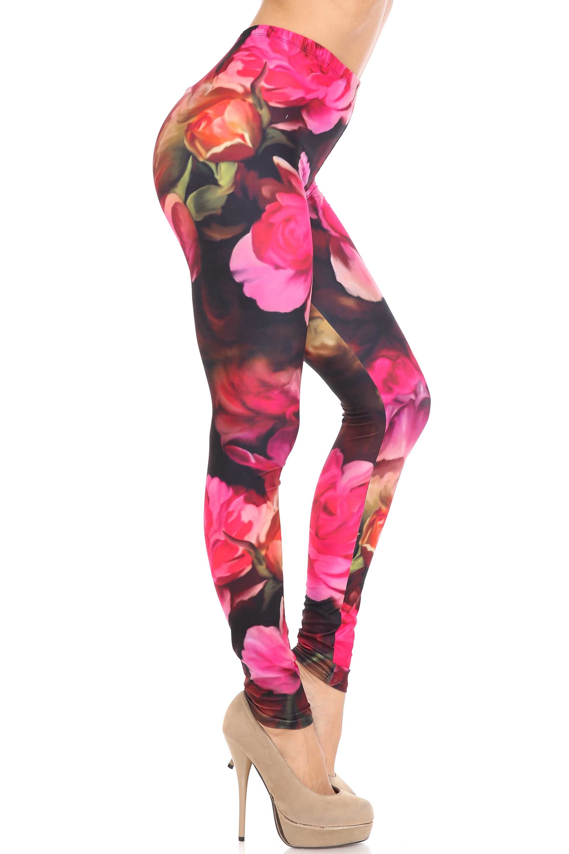 Creamy Soft Vintage Rose Leggings - USA Fashion (One Size Regular,Red)