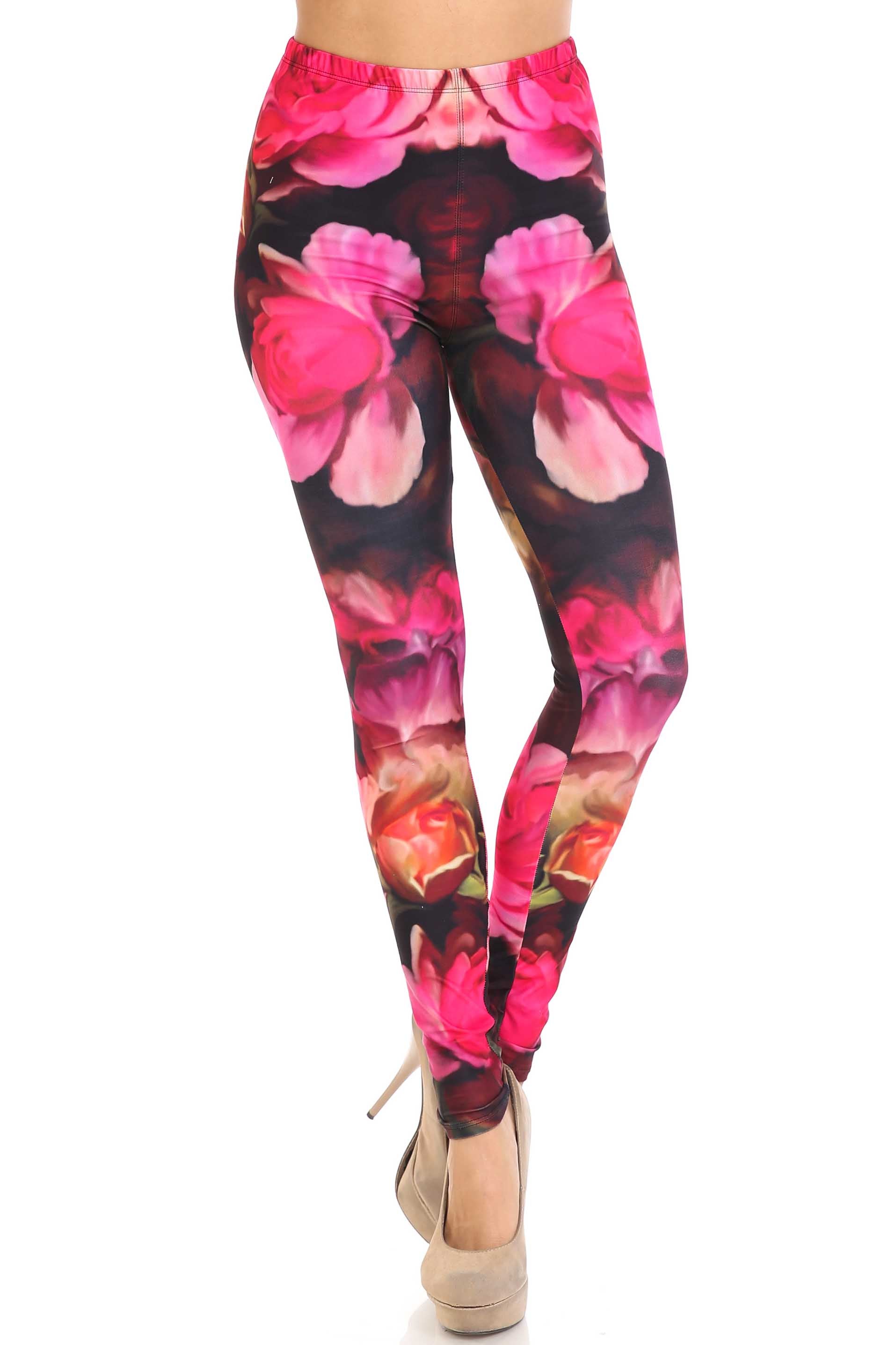 Creamy Soft Vintage Rose Leggings - USA Fashion (One Size Regular,Red)