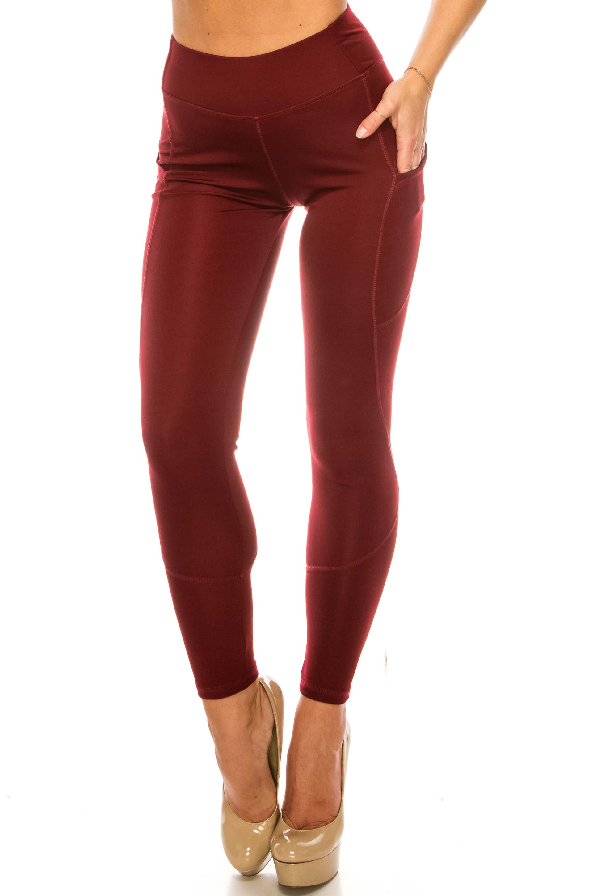 Solid Burgundy Contour Seam High Waisted Sport Leggings with Pockets