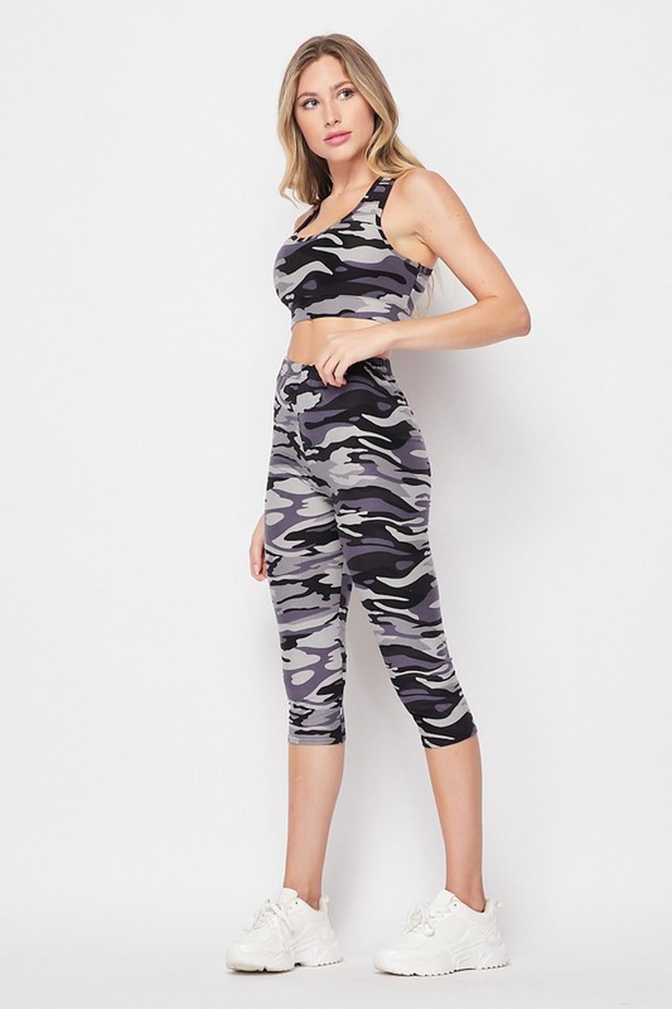 2 Piece Charcoal Camouflage Crop Top and Capris Set