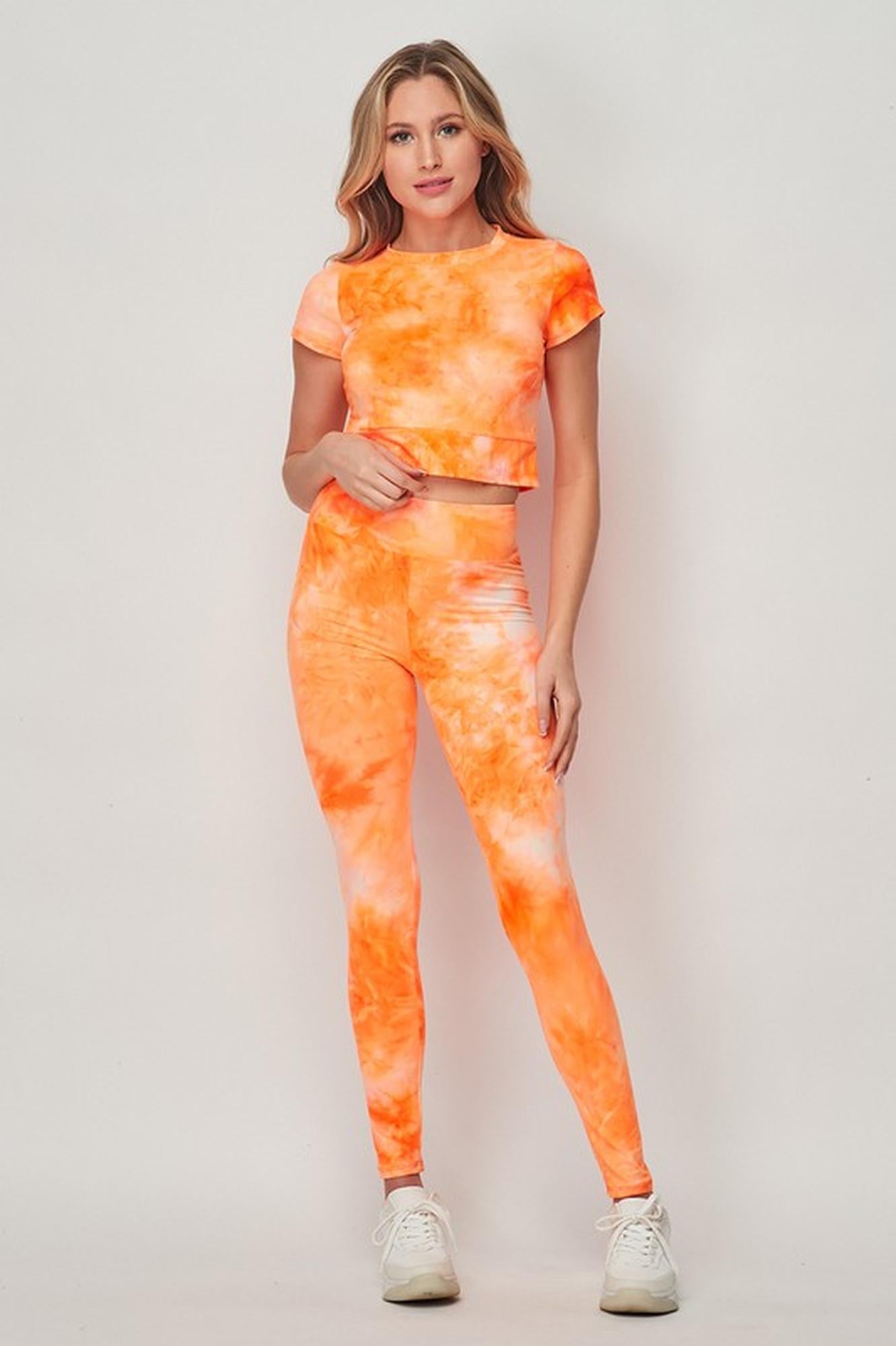 Tie Dye 2 Piece Leggings and Short Sleeve Crop Top Set