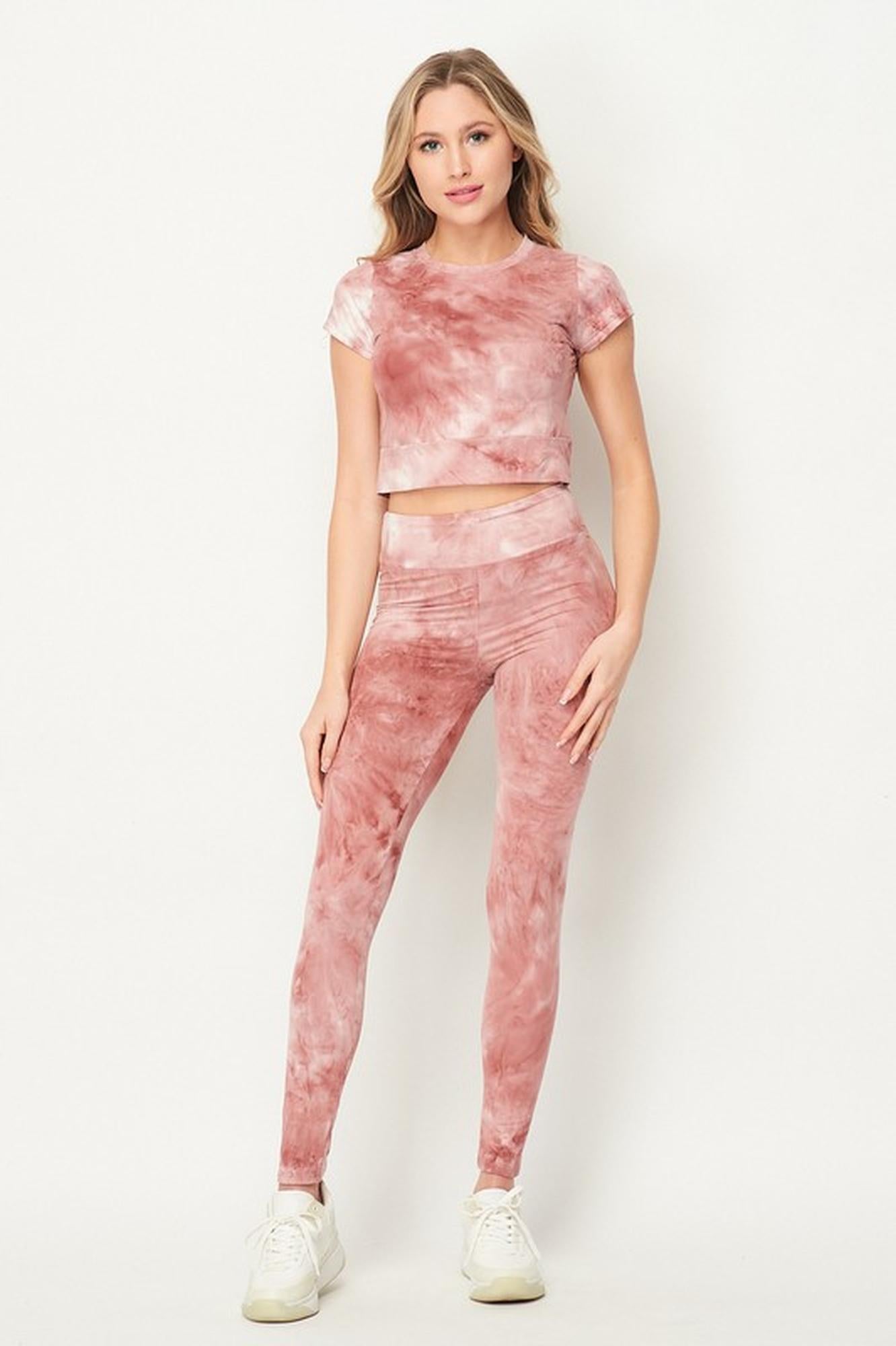 Tie Dye 2 Piece Leggings and Short Sleeve Crop Top Set