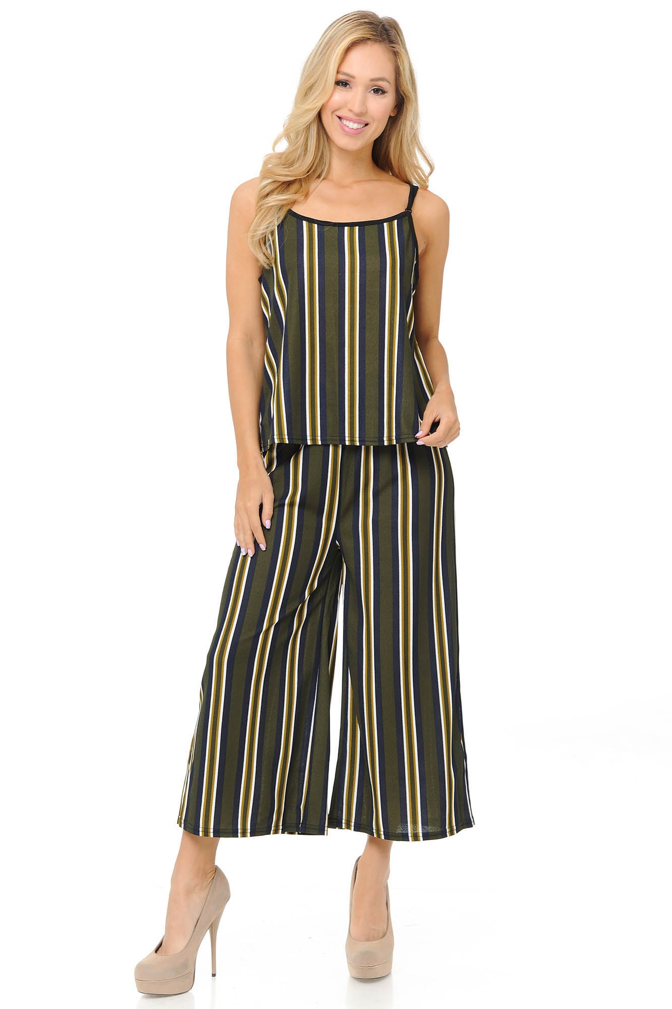 Olive Stripes Summer Palazzo Capri and Spaghetti Tank Top Set