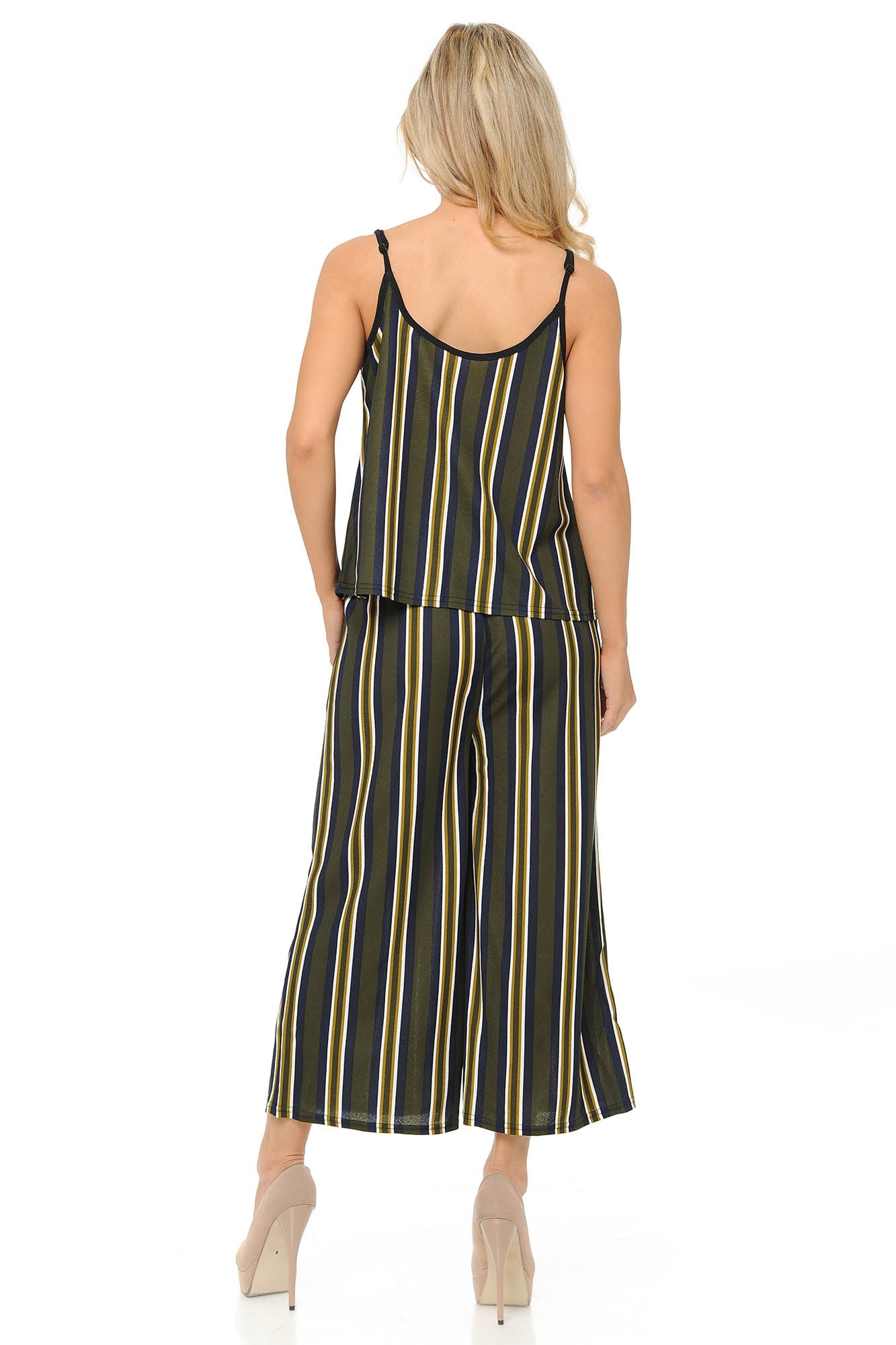 Olive Stripes Summer Palazzo Capri and Spaghetti Tank Top Set