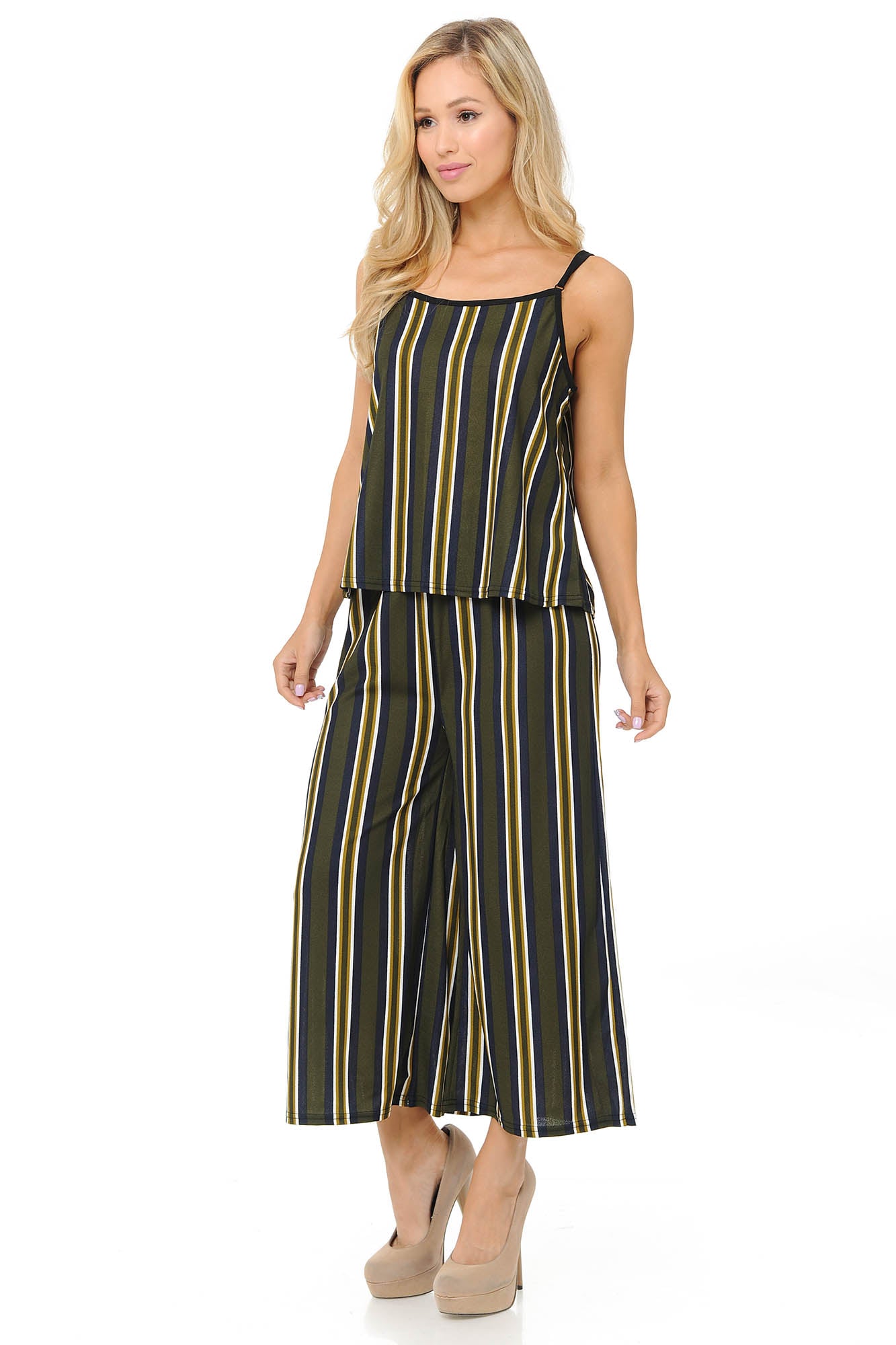 Olive Stripes Summer Palazzo Capri and Spaghetti Tank Top Set