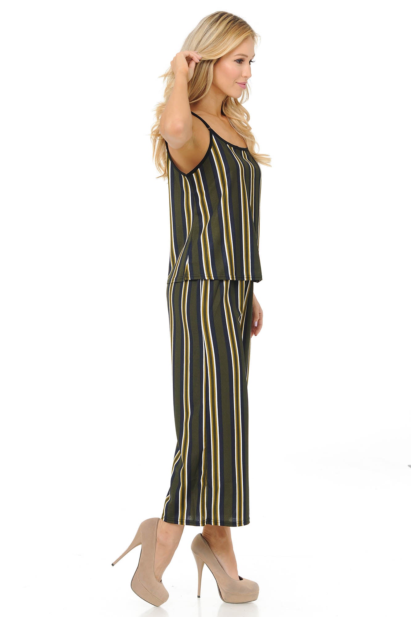 Olive Stripes Summer Palazzo Capri and Spaghetti Tank Top Set