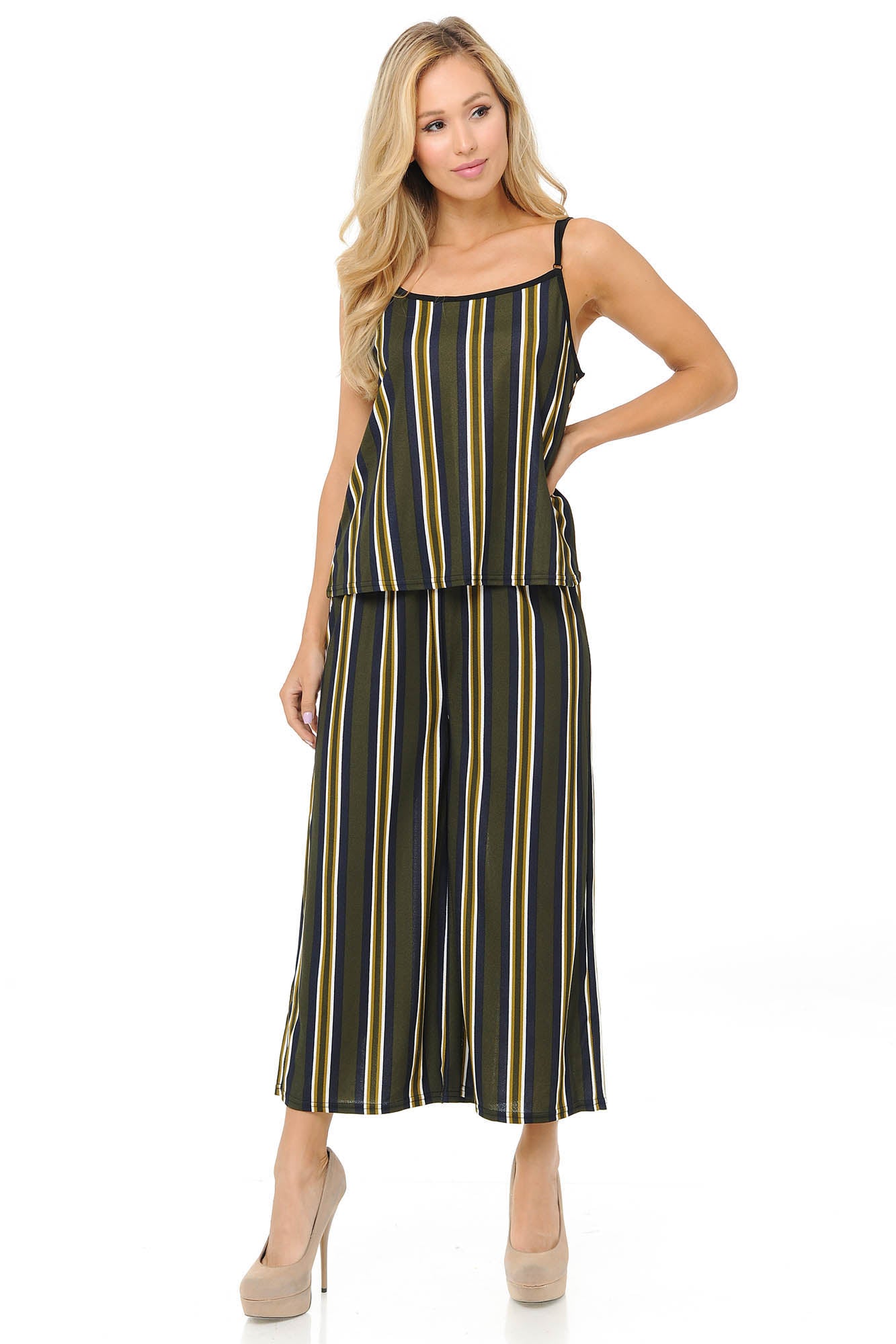 Olive Stripes Summer Palazzo Capri and Spaghetti Tank Top Set