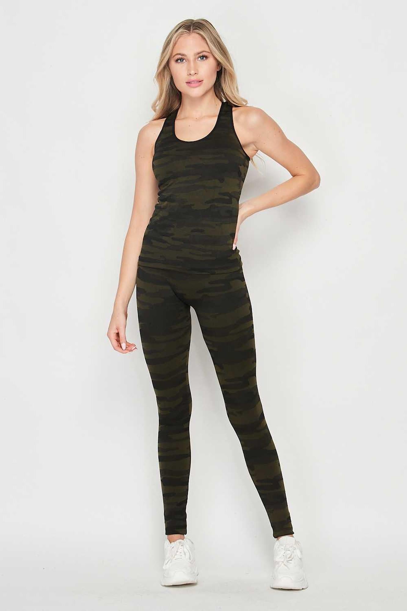 2 Piece Seamless Olive Camouflage Tank Top and Legging Set (One Size Regular,Olive)