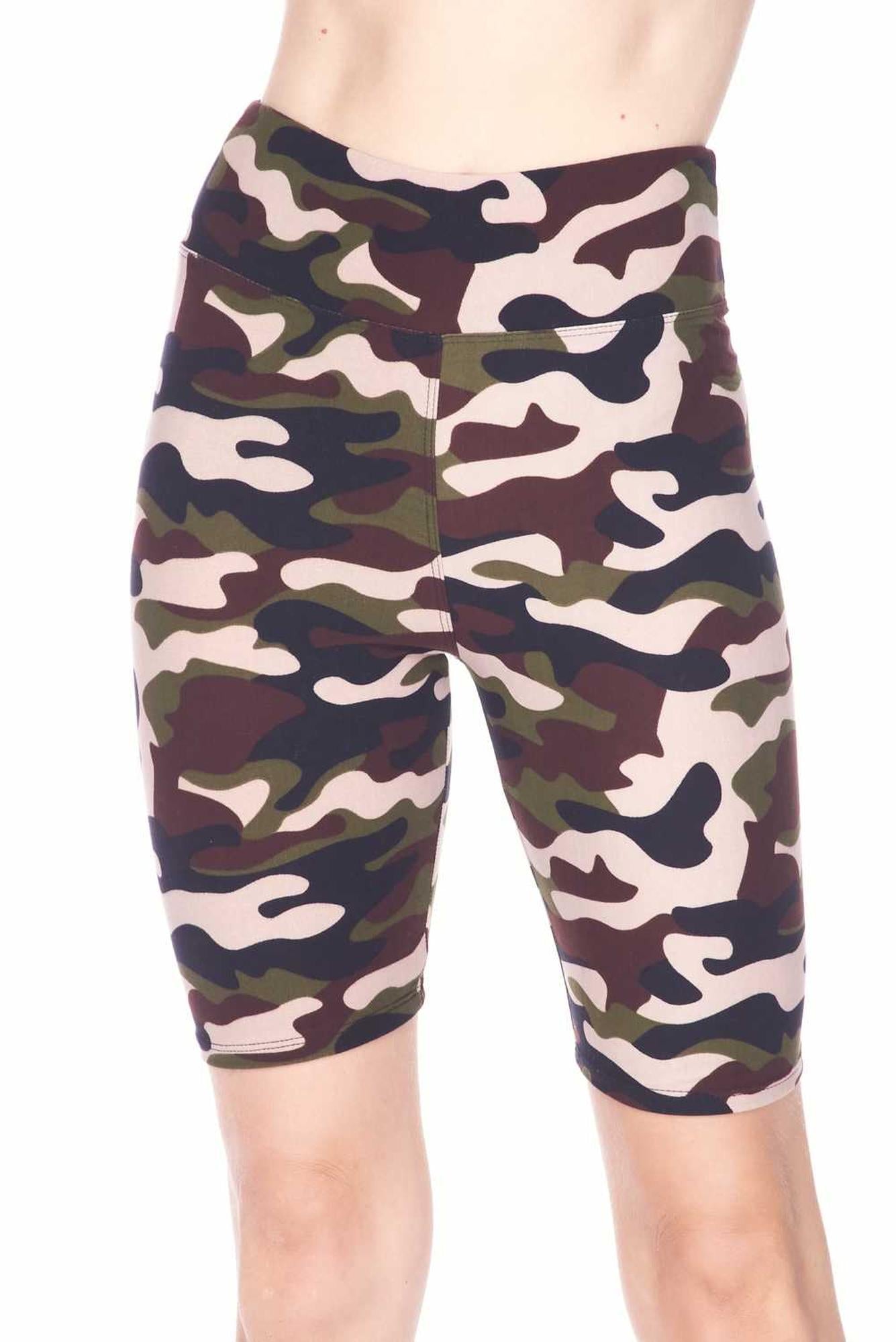 Buttery Soft Flirty Camouflage Biker Shorts - 3 Inch Waist Band (One Size Regular,Brown)